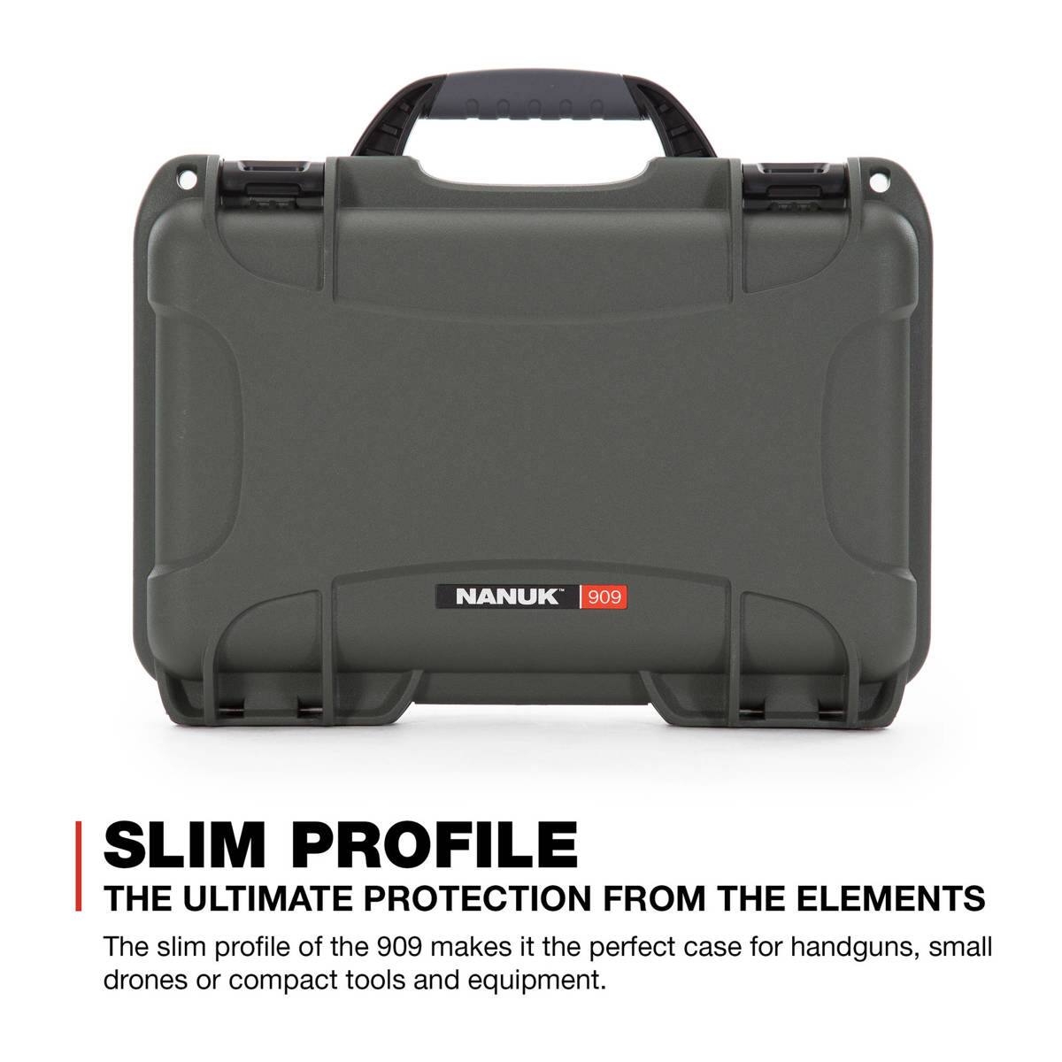 NANUK 909 SLIM PROFILE  
THE ULTIMATE PROTECTION FROM THE ELEMENTS  
The slim profile of the 909 makes it the perfect case for handguns, small drones or compact tools and equipment.