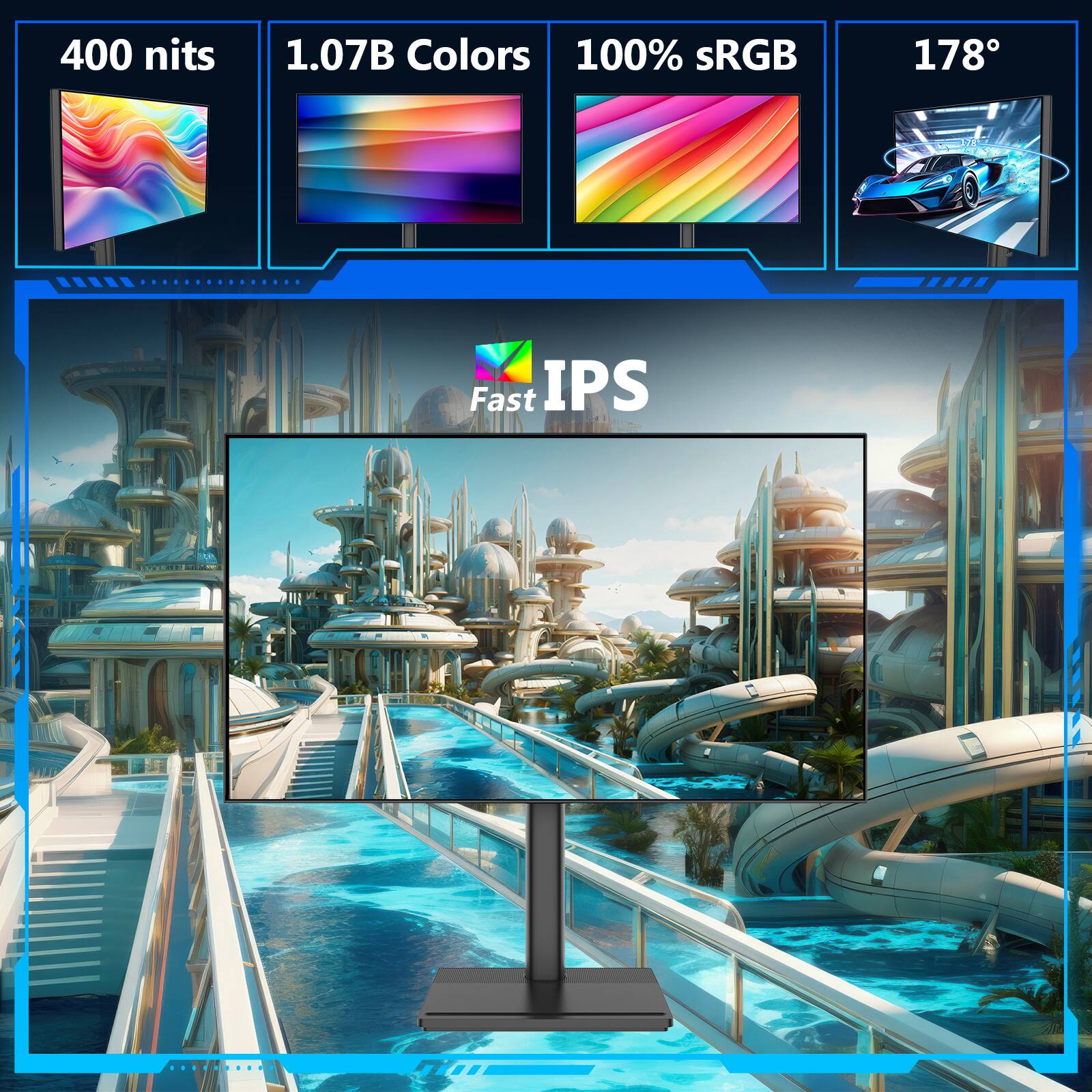 400 nits  
1.07B Colors  
100% sRGB  
178°  
Fast IPS