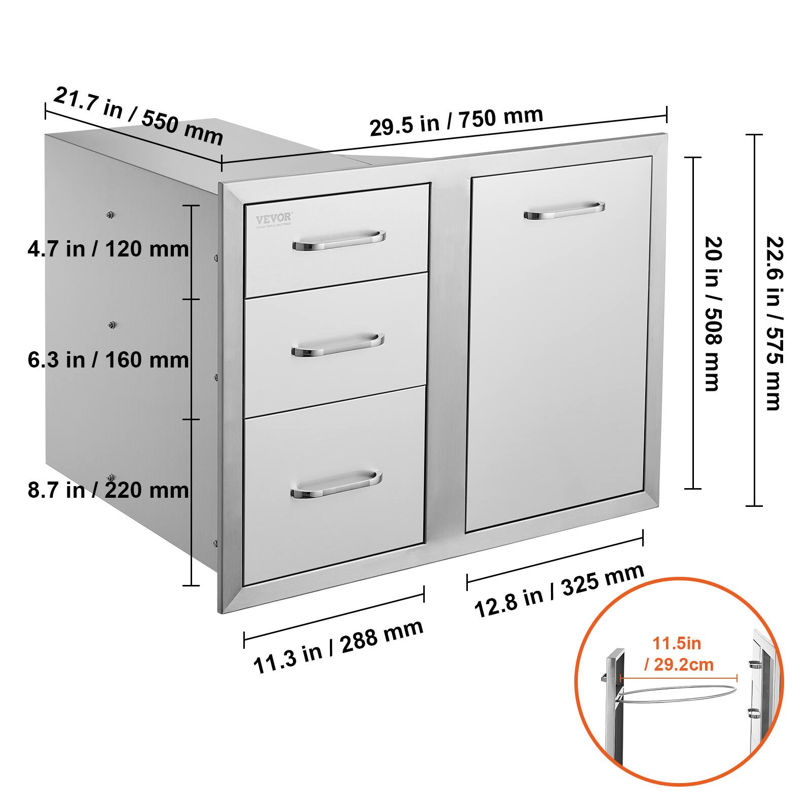 - 21.7 in / 550 mm
- 29.5 in / 750 mm
- 4.7 in / 120 mm
- 6.3 in / 160 mm
- 8.7 in / 220 mm
- 11.3 in / 288 mm
- 20 in / 508 mm
- 22.6 in / 575 mm
- 12.8 in / 325 mm
- 11.5 in / 29.2 cm