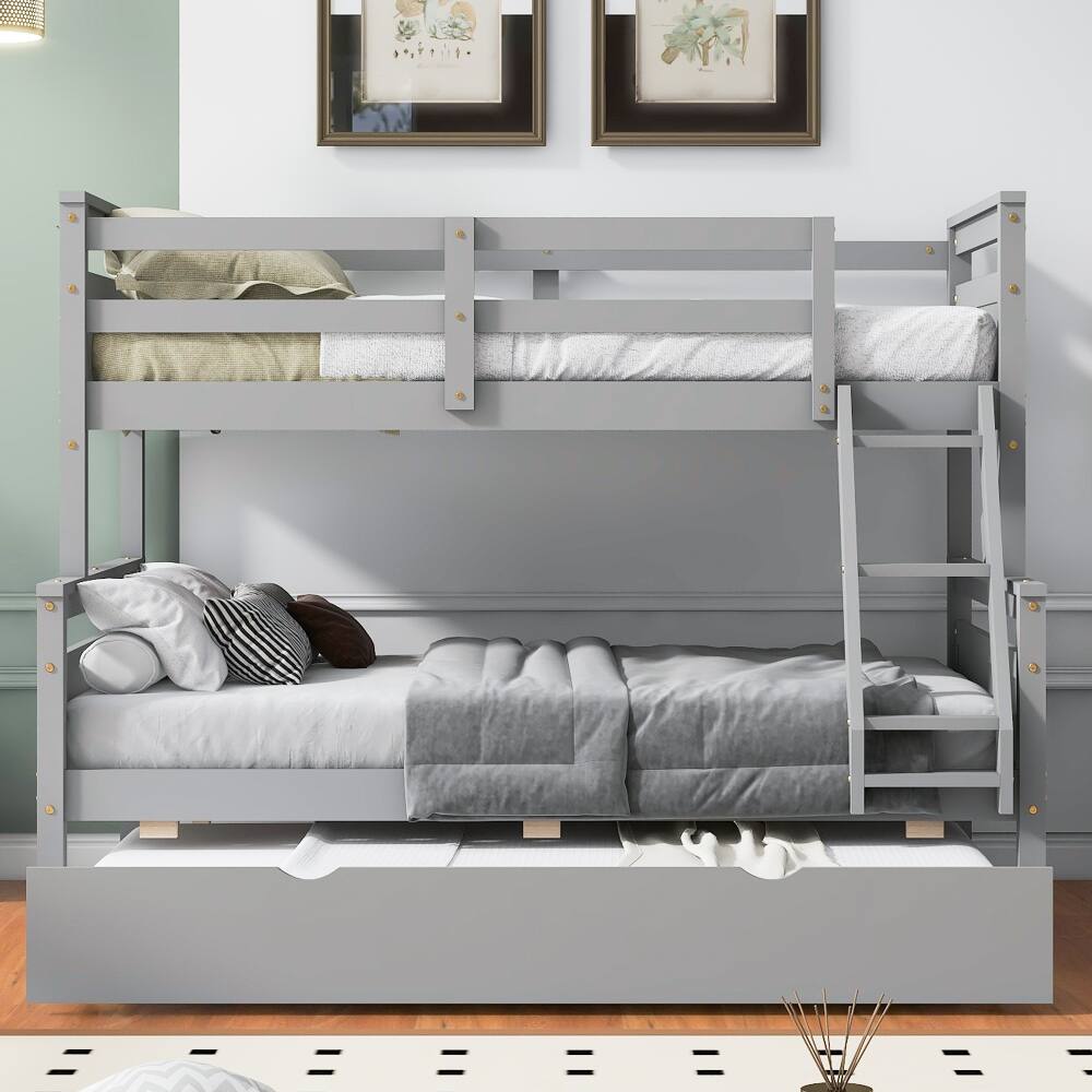 Left. Loheer - Loheer Twin Over Full Bunk Bed with Trundle, Gray Wooden Bunk Bed with Ladder and Guardrail - Gray.