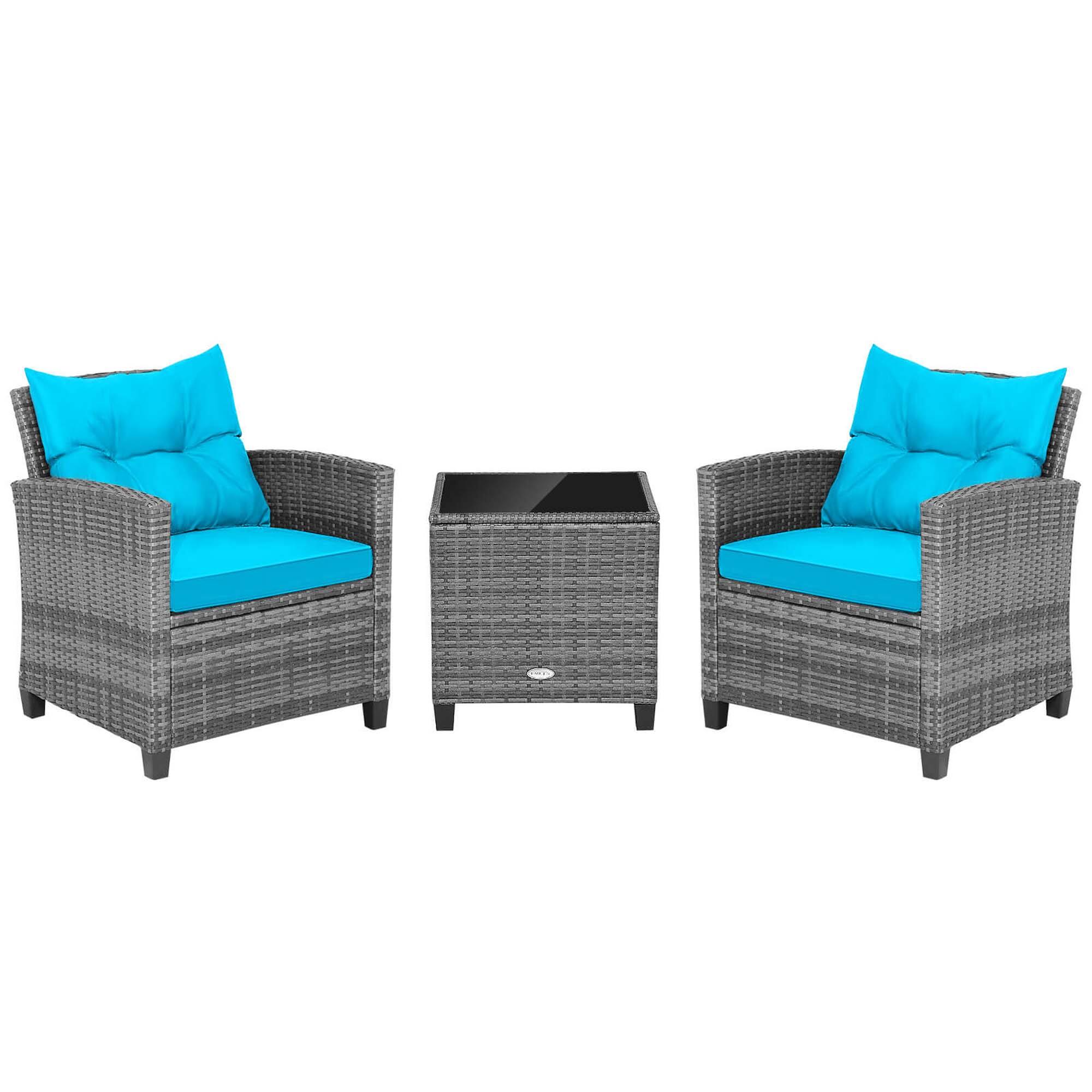 Alt View 3. Gymax - Gymax Set of 3 Rattan Furniture Bistro Set Cushioned Sofas Side Table Armrest Turquoise - Mix Grey, Turquoise.