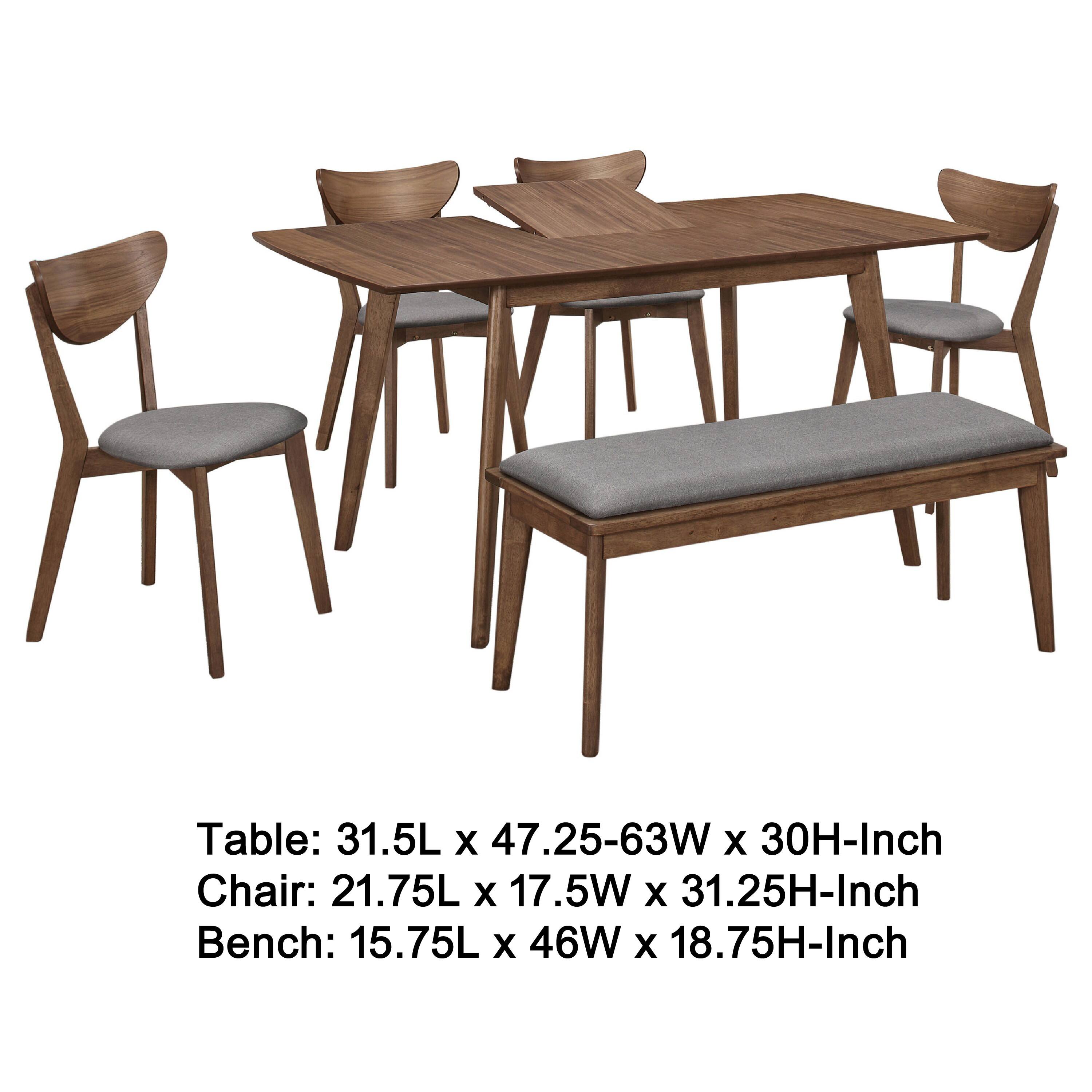 Table: 31.5L x 47.25-63W x 30H-Inch  
Chair: 21.75L x 17.5W x 31.25H-Inch  
Bench: 15.75L x 46W x 18.75H-Inch
