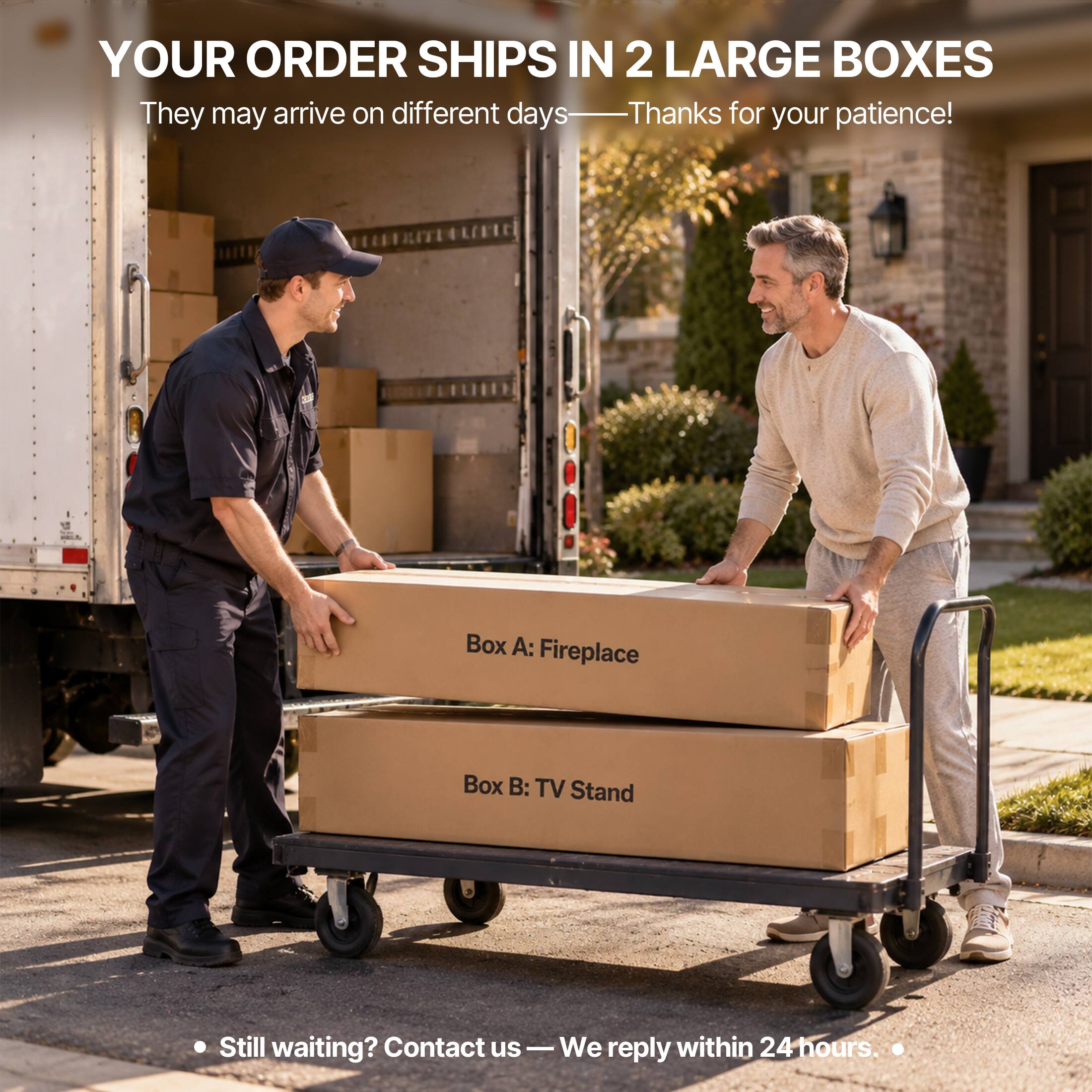YOUR ORDER SHIPS IN 2 LARGE BOXES  
They may arrive on different days - Thanks for your patience!  

Box A: Fireplace  
Box B: TV Stand  

Still waiting? Contact us - We reply within 24 hours.
