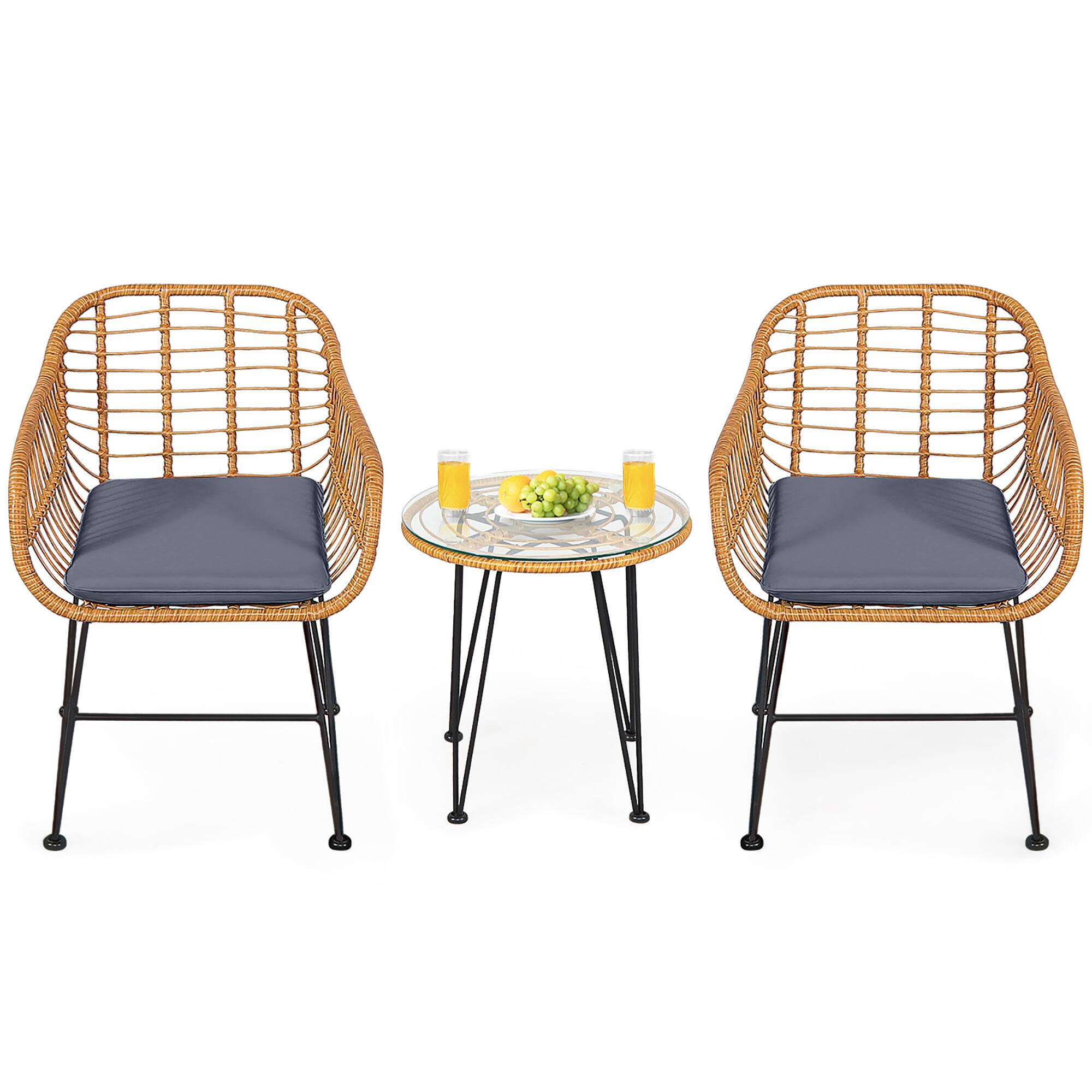 Alt View 1. Gymax - Gymax 3PCS Rattan Patio Bistro Set Conversation Furniture Set w/ Grey Cushions - Grey.