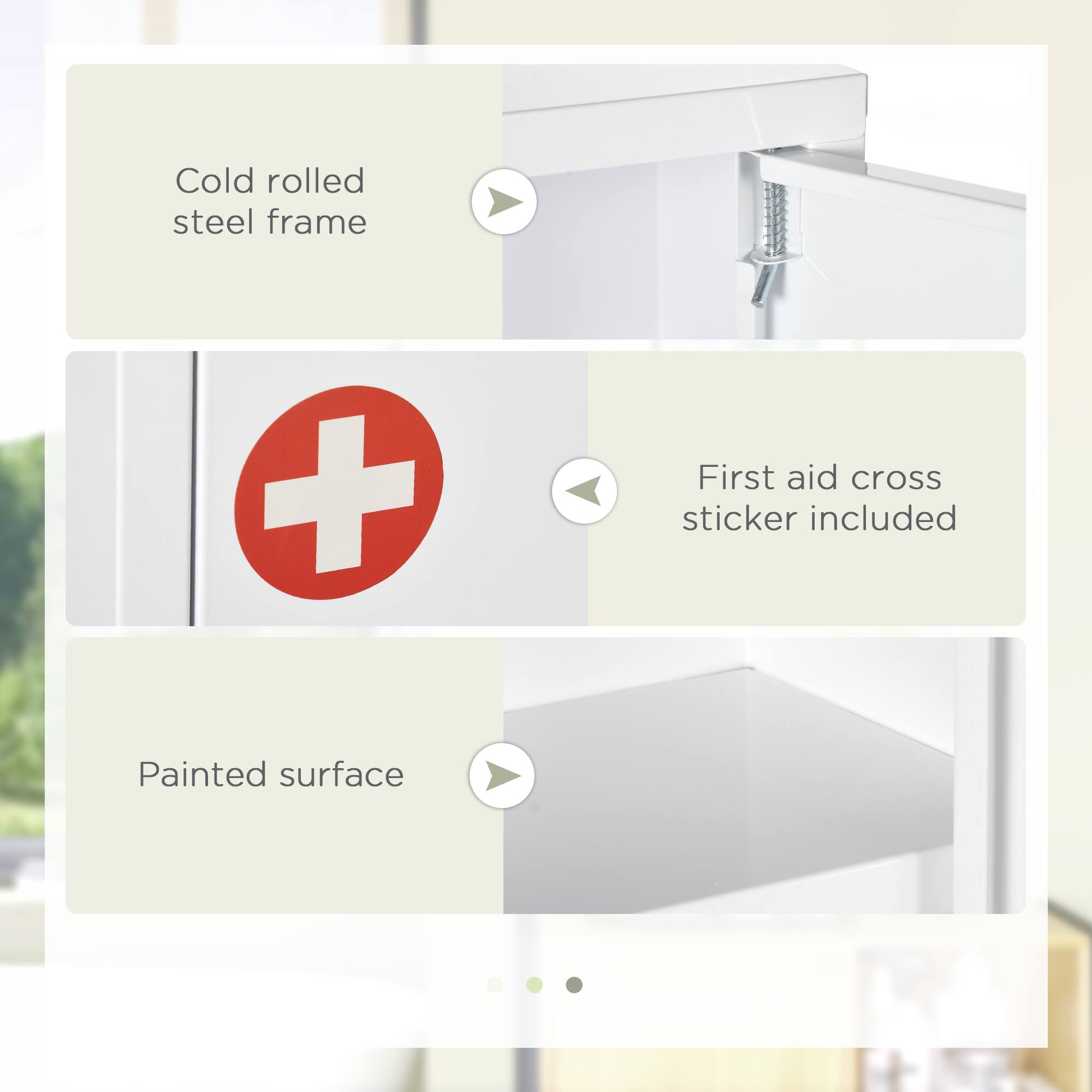 Cold rolled steel frame  
First aid cross sticker included  
Painted surface