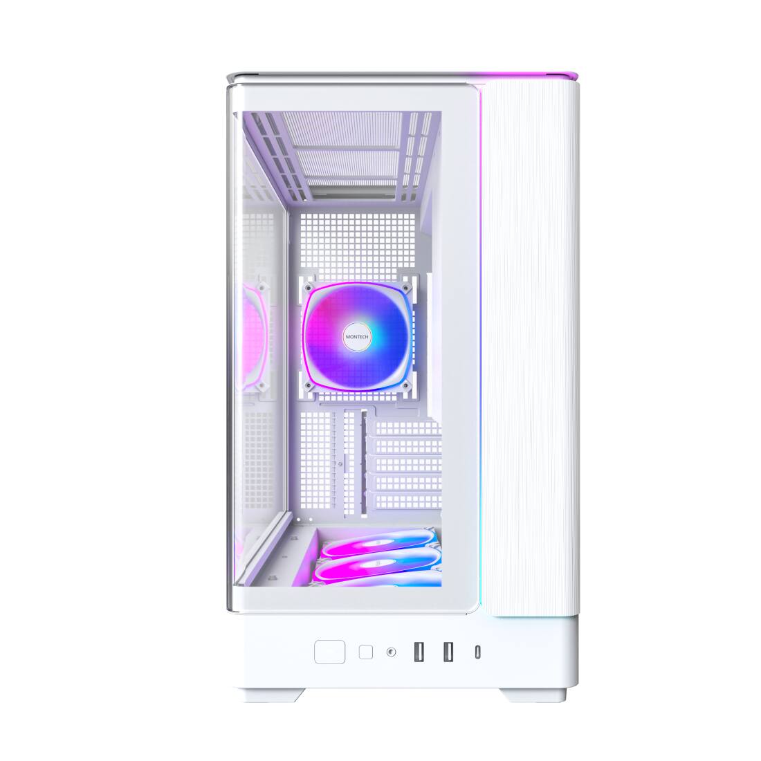 Left. Montech - MONTECH KING 15 PRO Micro-ATX Case, Curved Glass, Chimney Airflow, 360mm Radiator, 6 ARGB Fans, White - White.