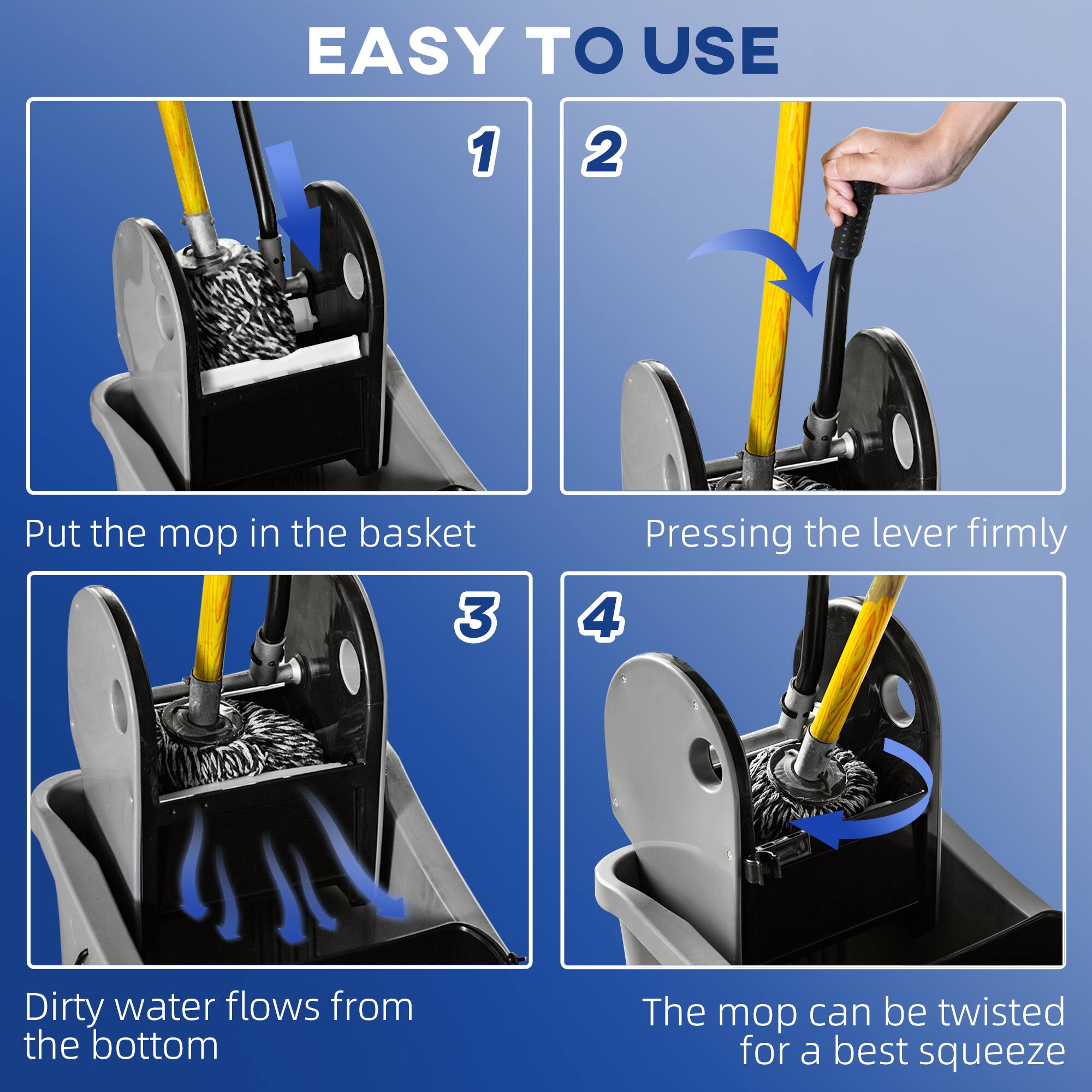 EASY TO USE

1. Put the mop in the basket
2. Pressing the lever firmly
3. Dirty water flows from the bottom
4. The mop can be twisted for a best squeeze