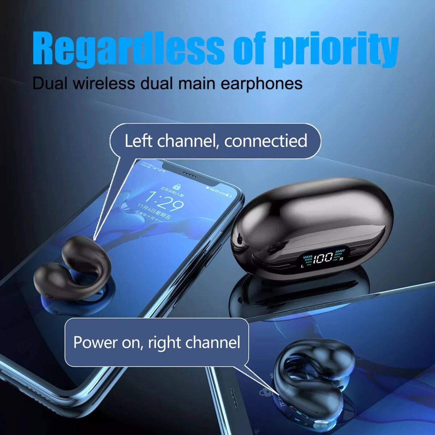 Regardless of priority  
Dual wireless dual main earphones  

Left channel, connected  

Power on, right channel