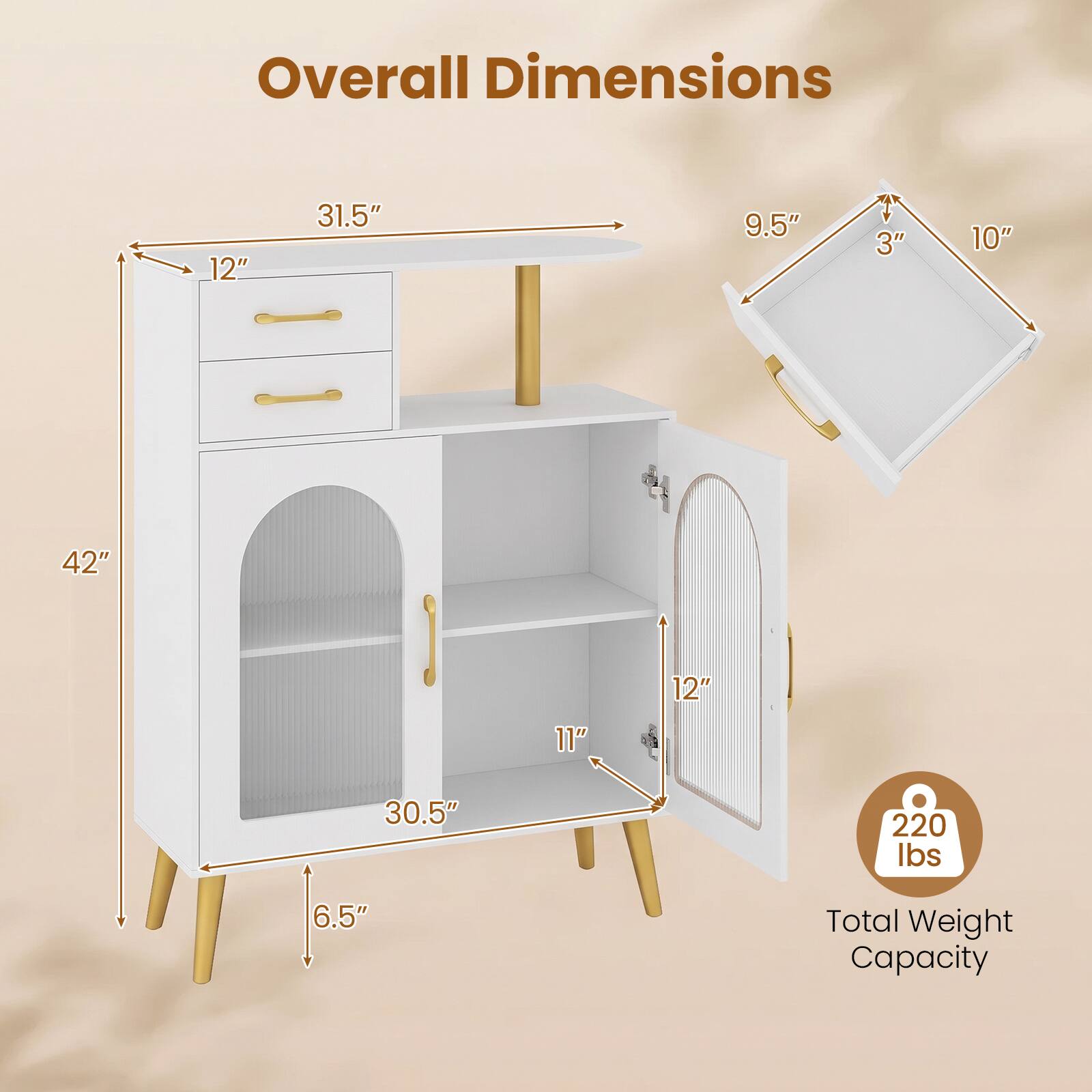 Costway Console Table with LED Lights, Drawers, Translucent Doors, Open ...