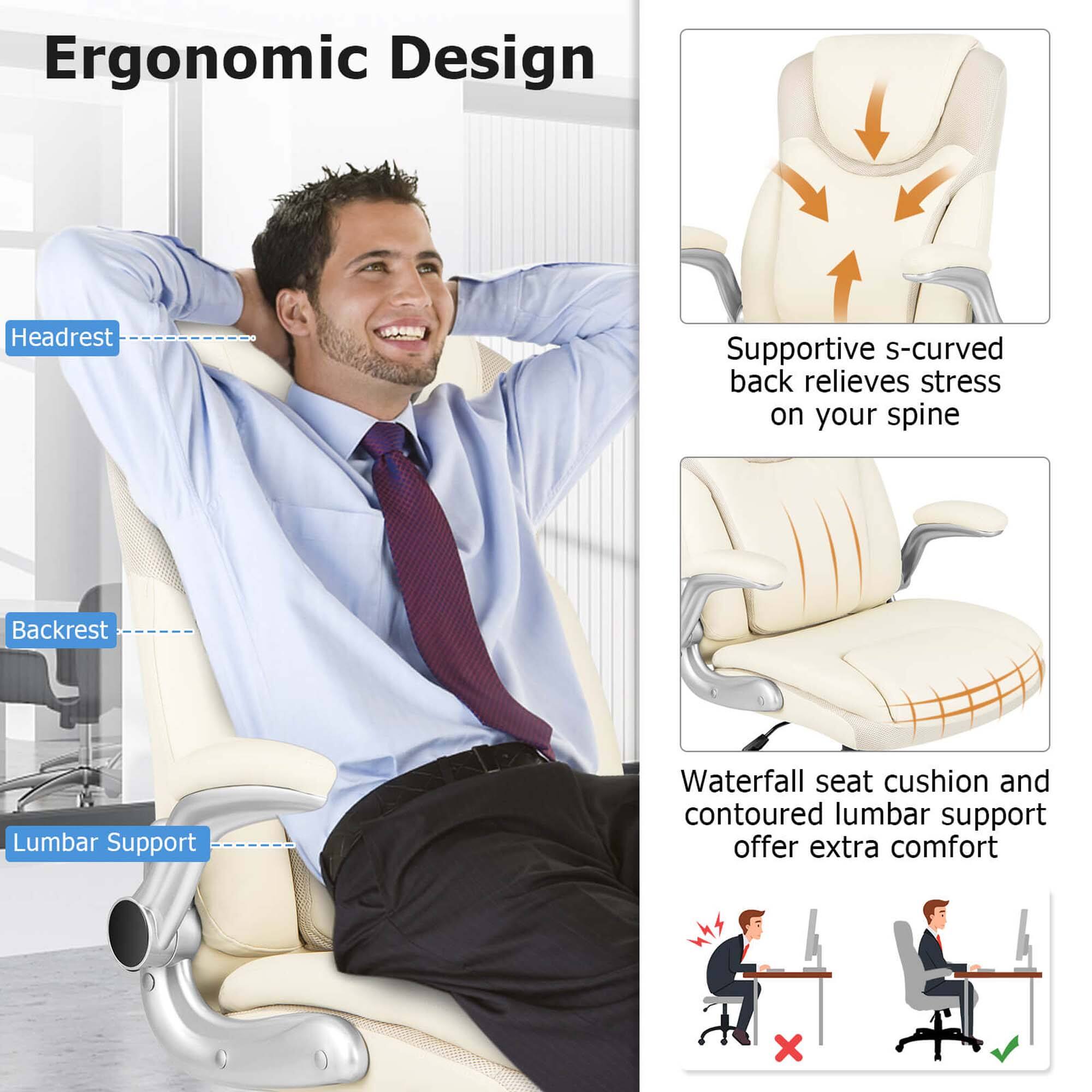 Ergonomic Design:
- Headrest: Supportive s-curved back relieves stress on your spine
- Backrest: Lumbar support
- Waterfall seat cushion and contoured lumbar support offer extra comfort.