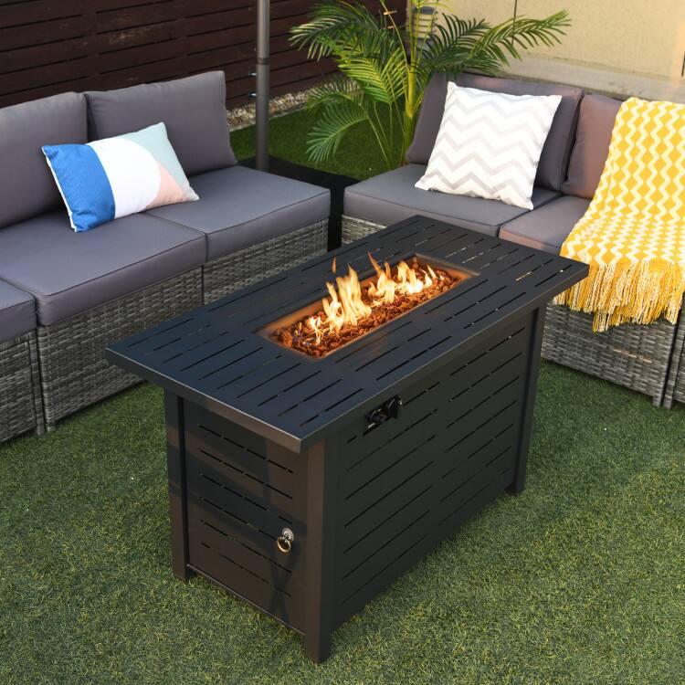 Back. Mondawe - 42 Inch 60,000 BTU Rectangular Propane Fire Pit Table with Waterproof Cover - Black.