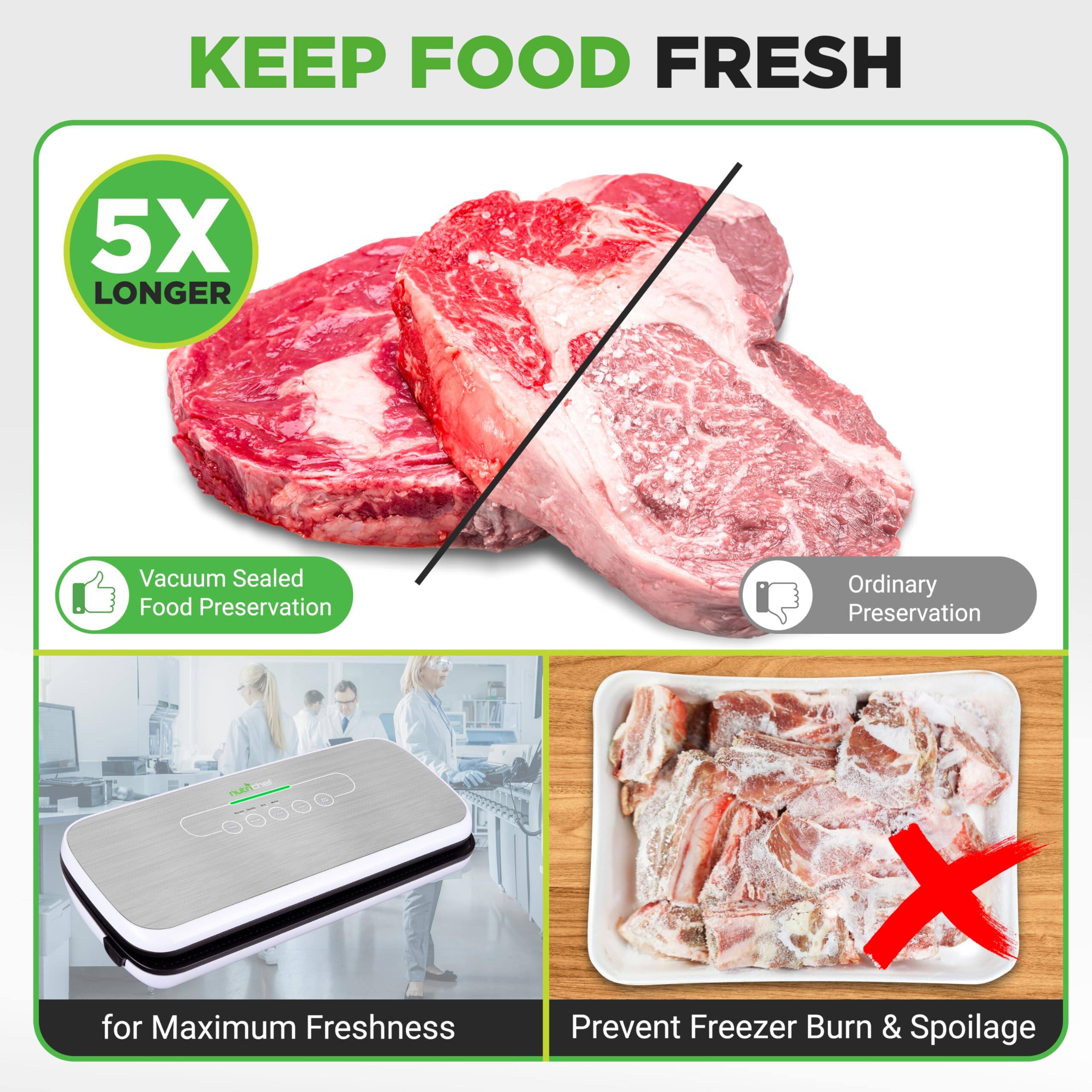 KEEP FOOD FRESH

5X LONGER

Vacuum Sealed Food Preservation

for Maximum Freshness

Prevent Freezer Burn & Spoilage

Ordinary Preservation