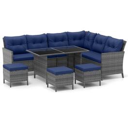 Mondawe - 7 Pieces Patio Dining Furniture Set with Soft Cushions and Ottomans - Navy
