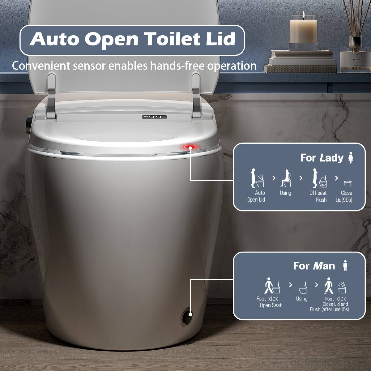 Auto Open Toilet Lid  
Convenient sensor enables hands-free operation

For Lady  
Auto Open Lid  
Using  
Off-seat Close Flush Lid (90s)

For Man  
Foot kick Open Seat  
Using  
Foot kick Close Lid and Flush (after use 5s)
