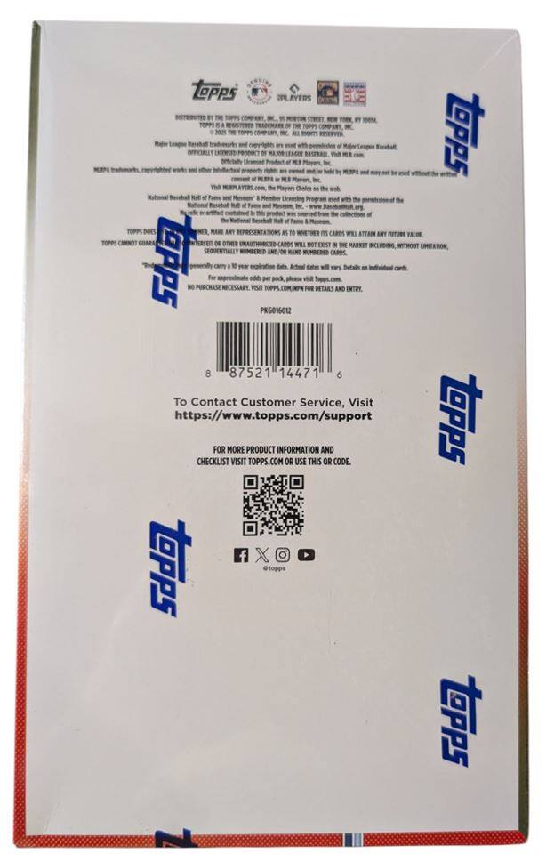 Sure, here is the corrected and grouped text from the image:

---

**Topps**

**DISTRIBUTED BY THE TOPPS COMPANY, INC.**  
1111 AVENUE OF THE AMERICANS, NEW YORK, NY 10036  
©2023 THE TOPPS COMPANY, INC. ALL RIGHTS RESERVED.

**MAJOR LEAGUE BASEBALL**  
Officially Licensed Product of Major League Baseball, Inc.  
©2023 MLB Advanced Media, L.P. All rights reserved.  
MLB trademarks and copyrights are used with permission of Major League Baseball.  
MLB trademarks, copyrighted works, and other intellectual property are the property of Major League Baseball and its clubs.  
This product is not endorsed by or associated with Major League Baseball.  
For more information, visit MLB.com.

**National Baseball Hall of Fame and Museum**  
©2023 The National Baseball Hall of Fame and Museum, Inc.  
All rights reserved.  
This product is not endorsed by or associated with the National Baseball Hall of Fame and Museum.

**TOPPS CANNOT GUARANTEE**  
The cards in this pack are not intended to be collectibles and are not guaranteed to be of any future value.  
