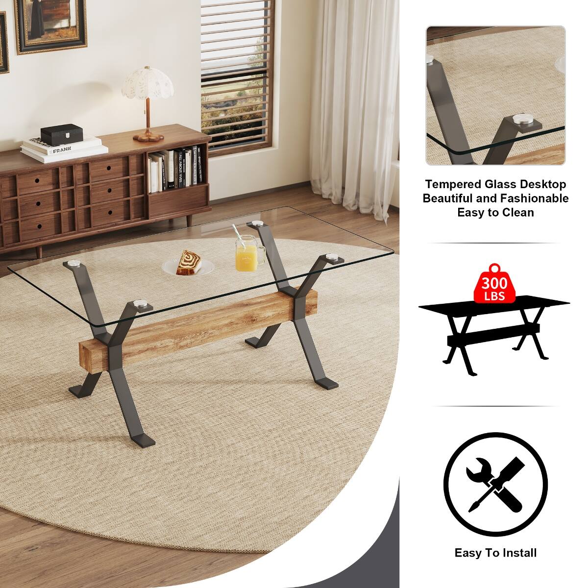 Loheer Modern Tempered Glass Dining Table, Large 70.9 Inch Tabletop ...