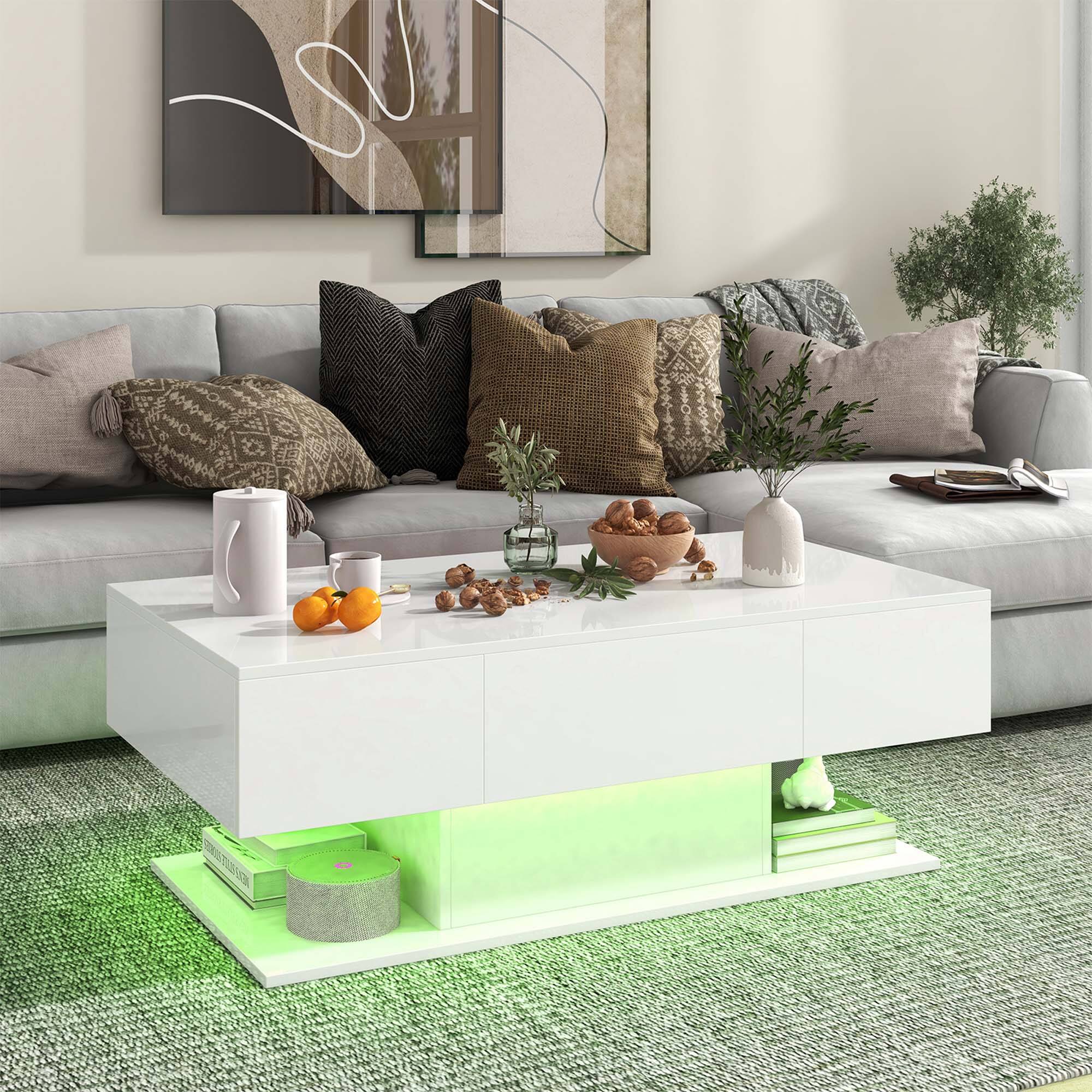 Angle. Costway - LED Coffee Table with 2 Drawers 20-Color Dimmable LED Lights & Remote Control White - White.