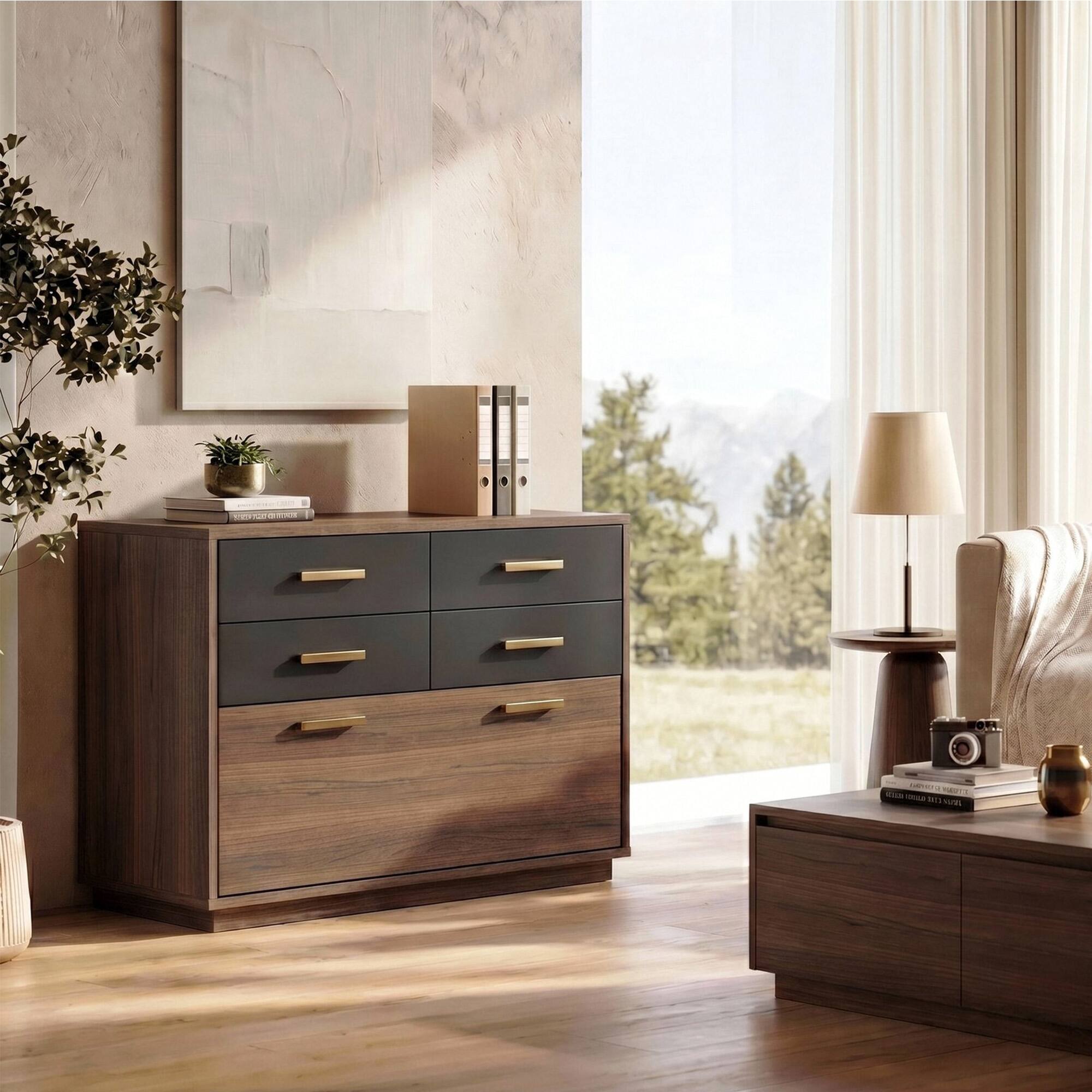 Alt View 5. ModernMate - 31.4" File Cabinet with 5 Drawers, Wood Lateral Filing Cabinet for Home Office - Black Walnut.