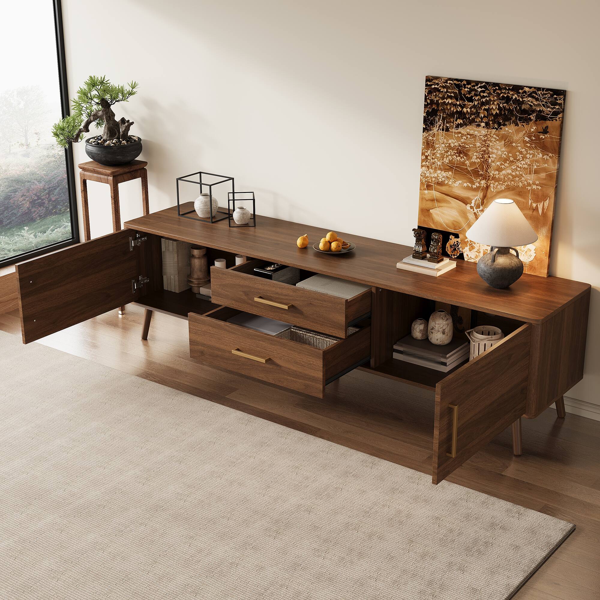 Left. MERAVOM - Mid-Century Modern TV Stand for TVs Up to 85", 70" Entertainment Center with Storage Cabinets, 2 Drawers for Living Room - Walnut.
