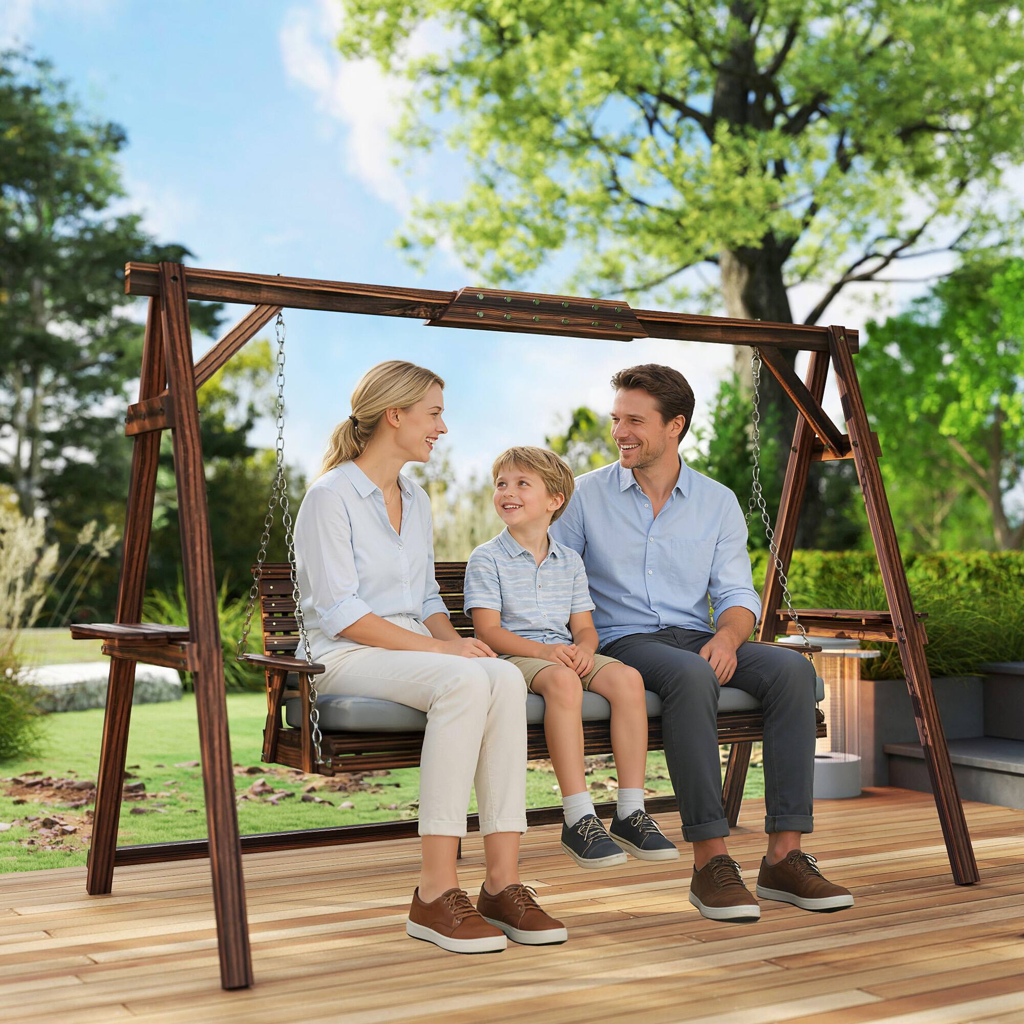 Outsunny Seat Wooden Porch Swing with Stand, Patio Swing with