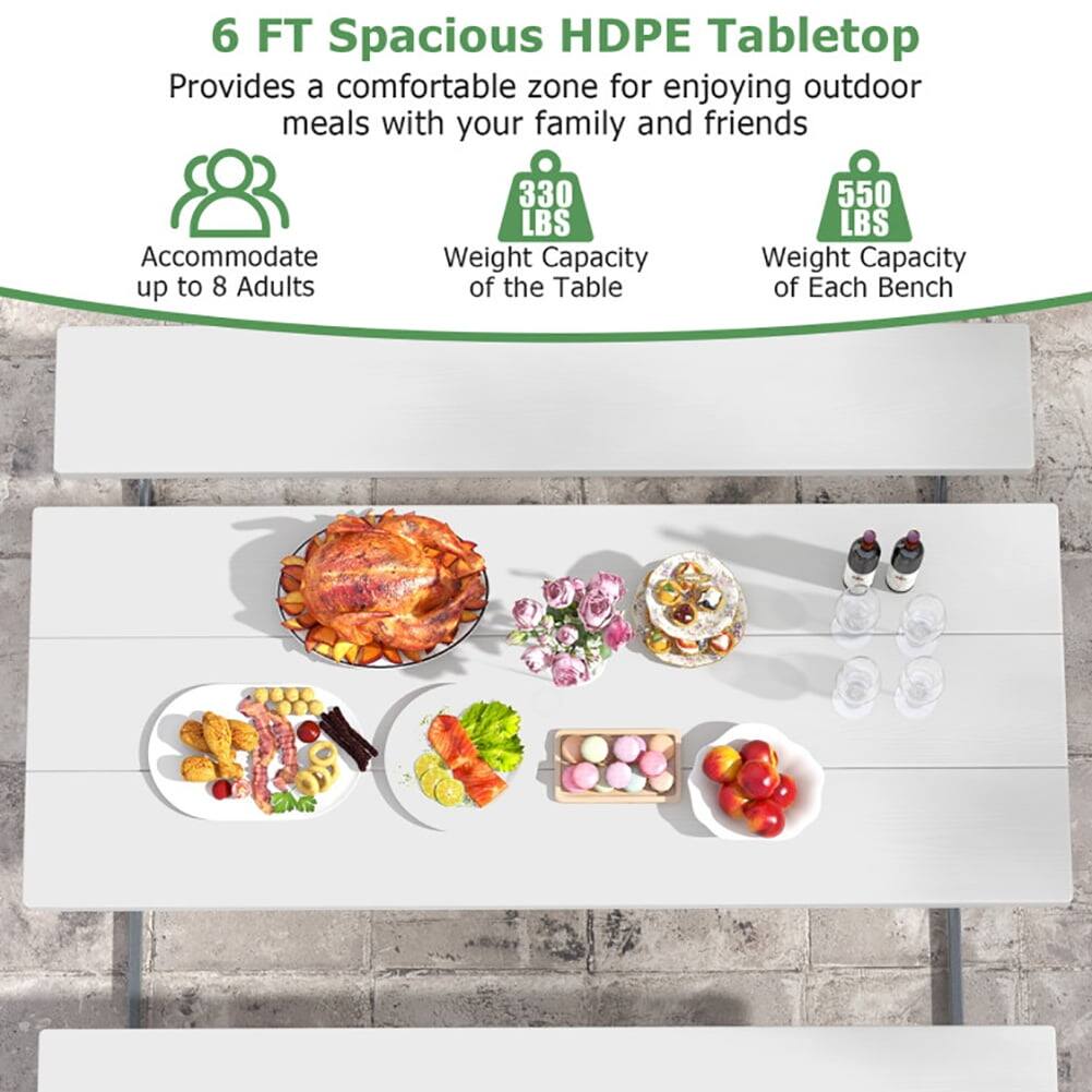 6 FT Spacious HDPE Tabletop  
Provides a comfortable zone for enjoying outdoor meals with your family and friends  

- Accommodate up to 8 Adults  
- 330 LBS Weight Capacity of the Table  
- 550 LBS Weight Capacity of Each Bench