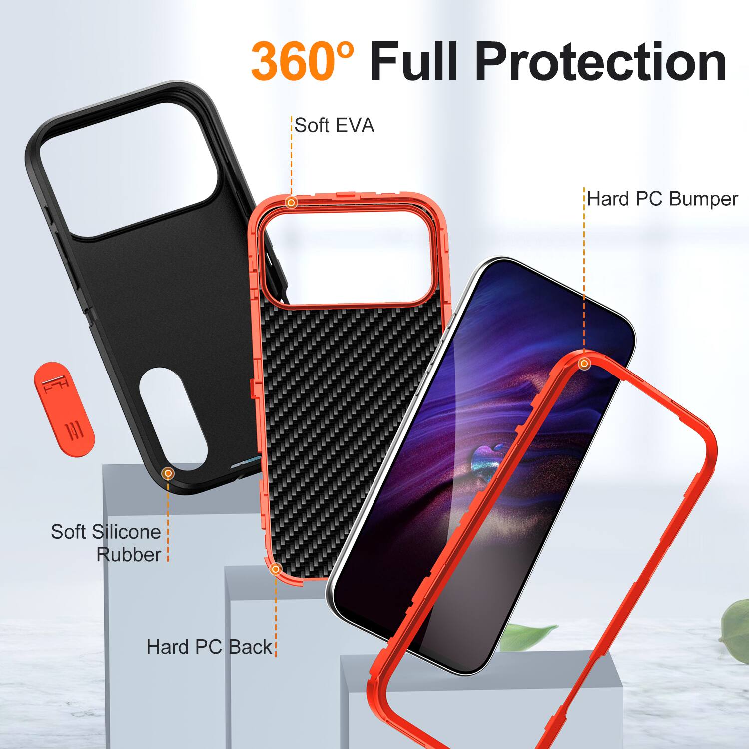 360° Full Protection

- Soft EVA
- Hard PC Bumper
- Soft Silicone Rubber
- Hard PC Back