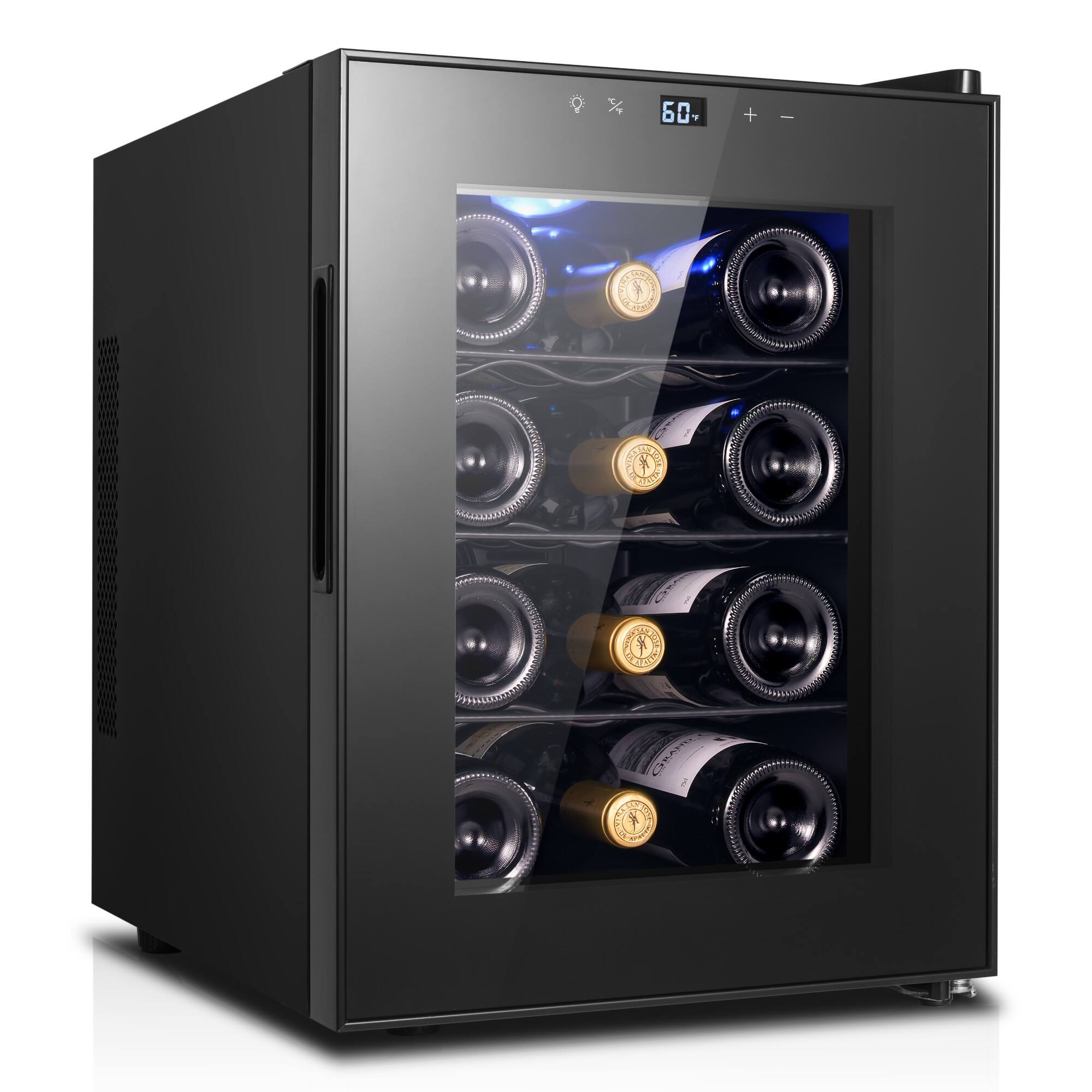 Angle. Yeego - Thermoelectric Wine Cooler, 12-Bottle Mini Wine Fridge with Quiet Cooling, Digital Control and Glass Door - Black.