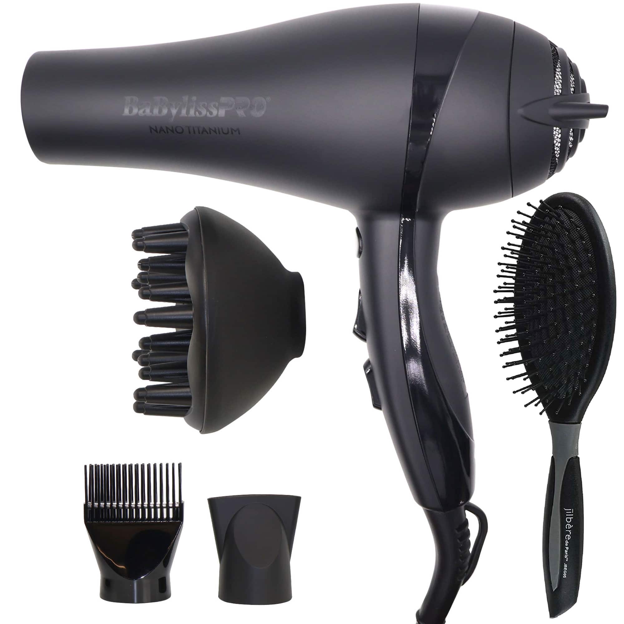 Babyliss - Nano Titanium 2000-Watt Blow Dryer BNTMB5548 + Ergo-Grip DetanglerBrush - Black