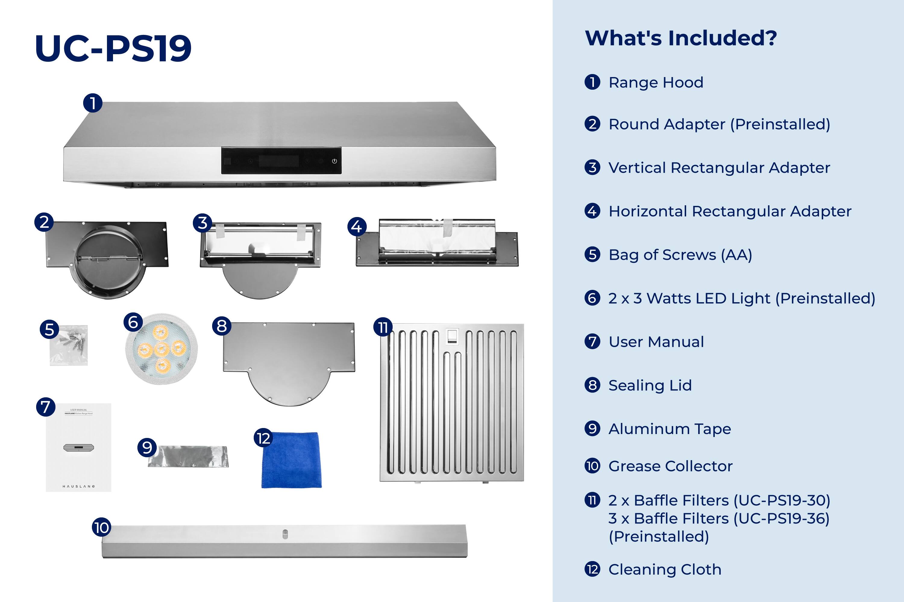 UC-PS19

What's Included?

1. Range Hood
2. Round Adapter (Preinstalled)
3. Vertical Rectangular Adapter
4. Horizontal Rectangular Adapter
5. Bag of Screws (AA)
6. 2 x 3 Watts LED Light (Preinstalled)
7. User Manual
8. Sealing Lid
9. Aluminum Tape
10. Grease Collector
11. 2 x Baffle Filters (UC-PS19-30)
12. 3 x Baffle Filters (UC-PS19-36) (Preinstalled)
13. Cleaning Cloth