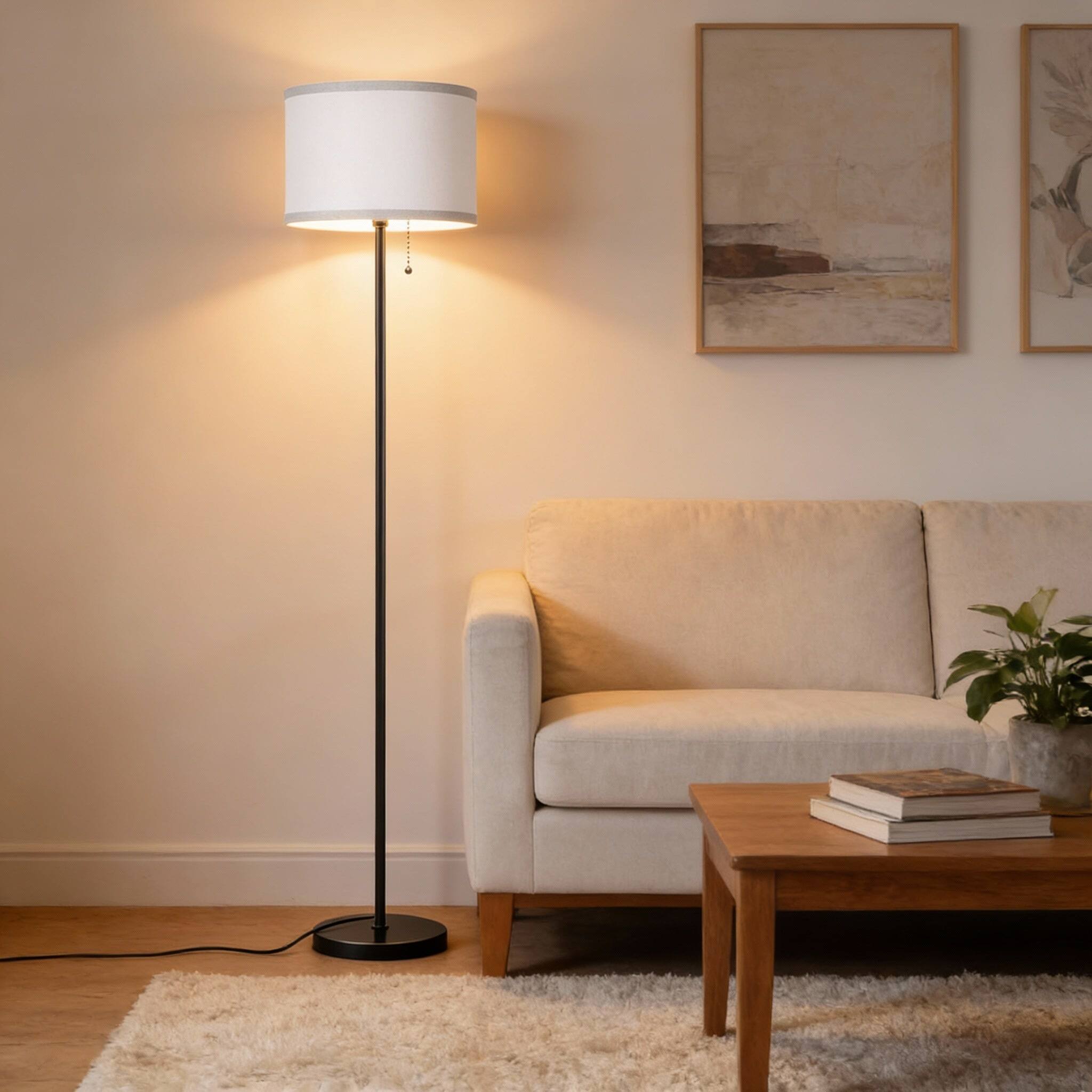 Angle. Nordic Hygge - Modern 3-Way LED Floor Lamp with Pull Chain and White Lampshade.