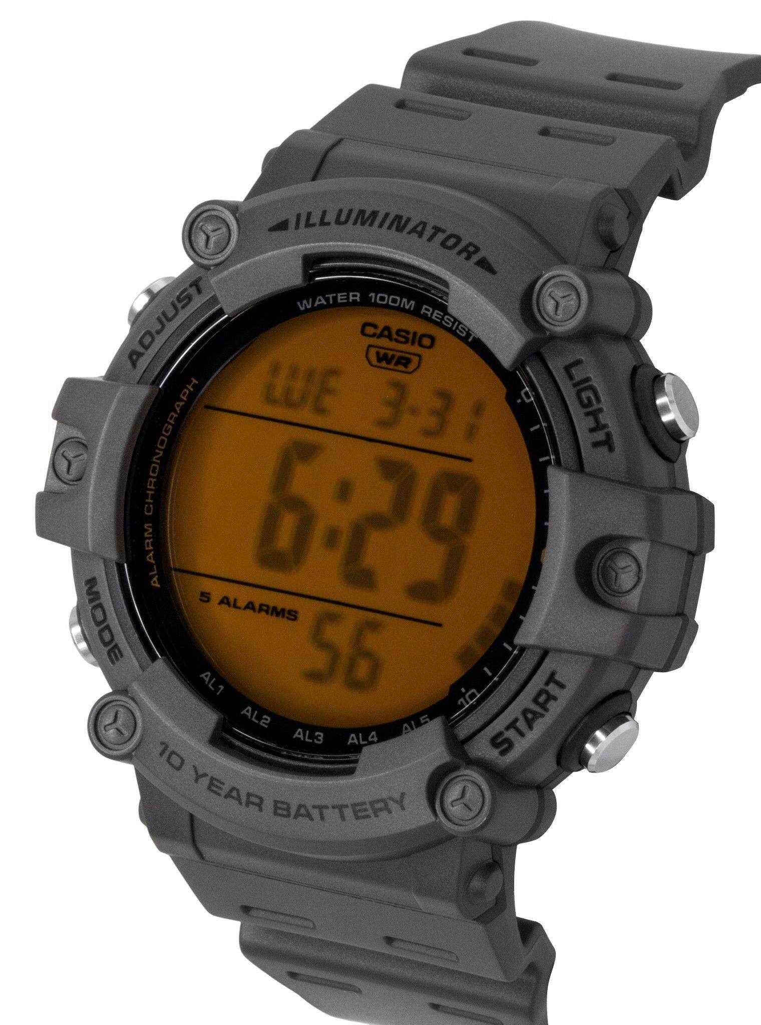 ILLUMINATOR WATER 100M RESIST CASIO WR LIGHT CHRONOGRAPH 6:29 ALARM 5 MODE ALARMS AL1 56 AL2 AL3 AL4 AL5 START YEAR BATTERY