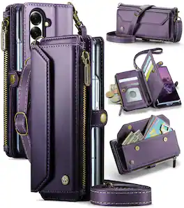 Dteck - Crossbody Wallet Case for Samsung Galaxy Z Fold7 with Card Slots and Zipper Pocket, RFID Blocking PU Leather Cover - Purple