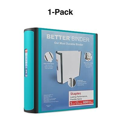 1-Pack  
BETTER BINDER  
Our Most Durable Binder  

Staples  
Lasting Performance, Flexible Spine  
3 D  
600