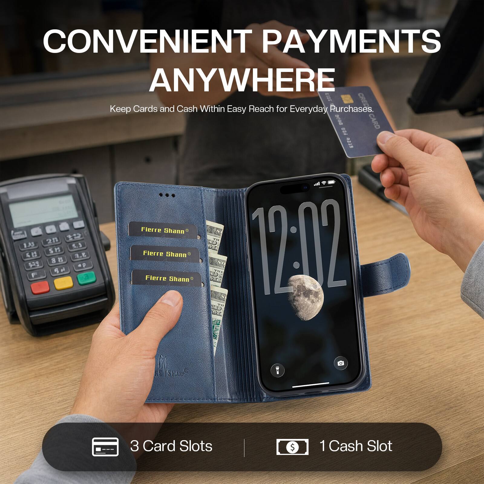 CONVENIENT PAYMENTS ANYWHERE  
Keep Cards and Cash Within Easy Reach for Everyday Purchases.  

3 Card Slots  
1 Cash Slot