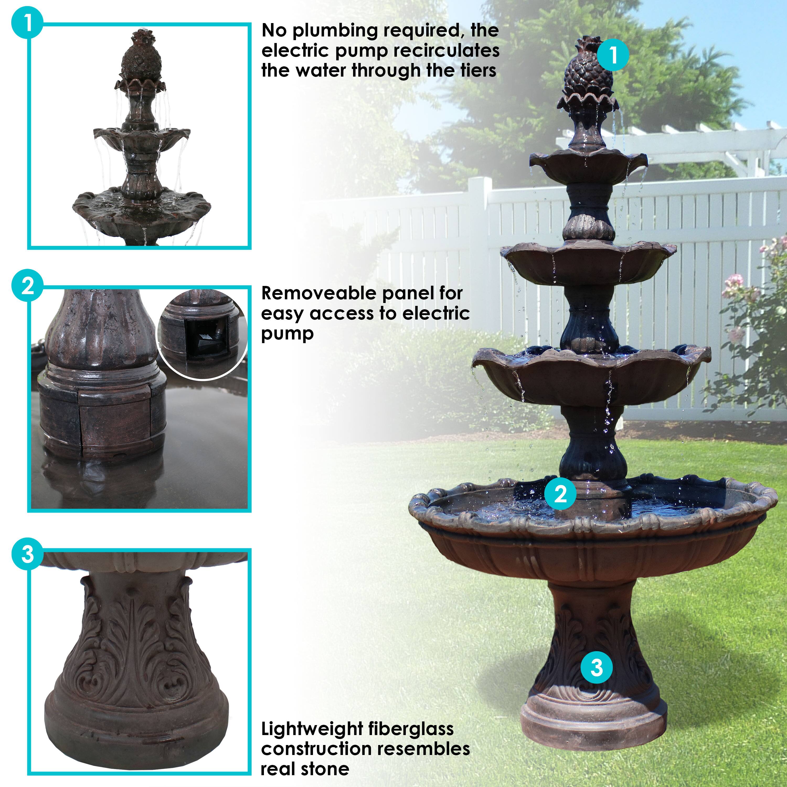 1. No plumbing required, the electric pump recirculates the water through the tiers.

2. Removable panel for easy access to electric pump.

3. Lightweight fiberglass construction resembles real stone.