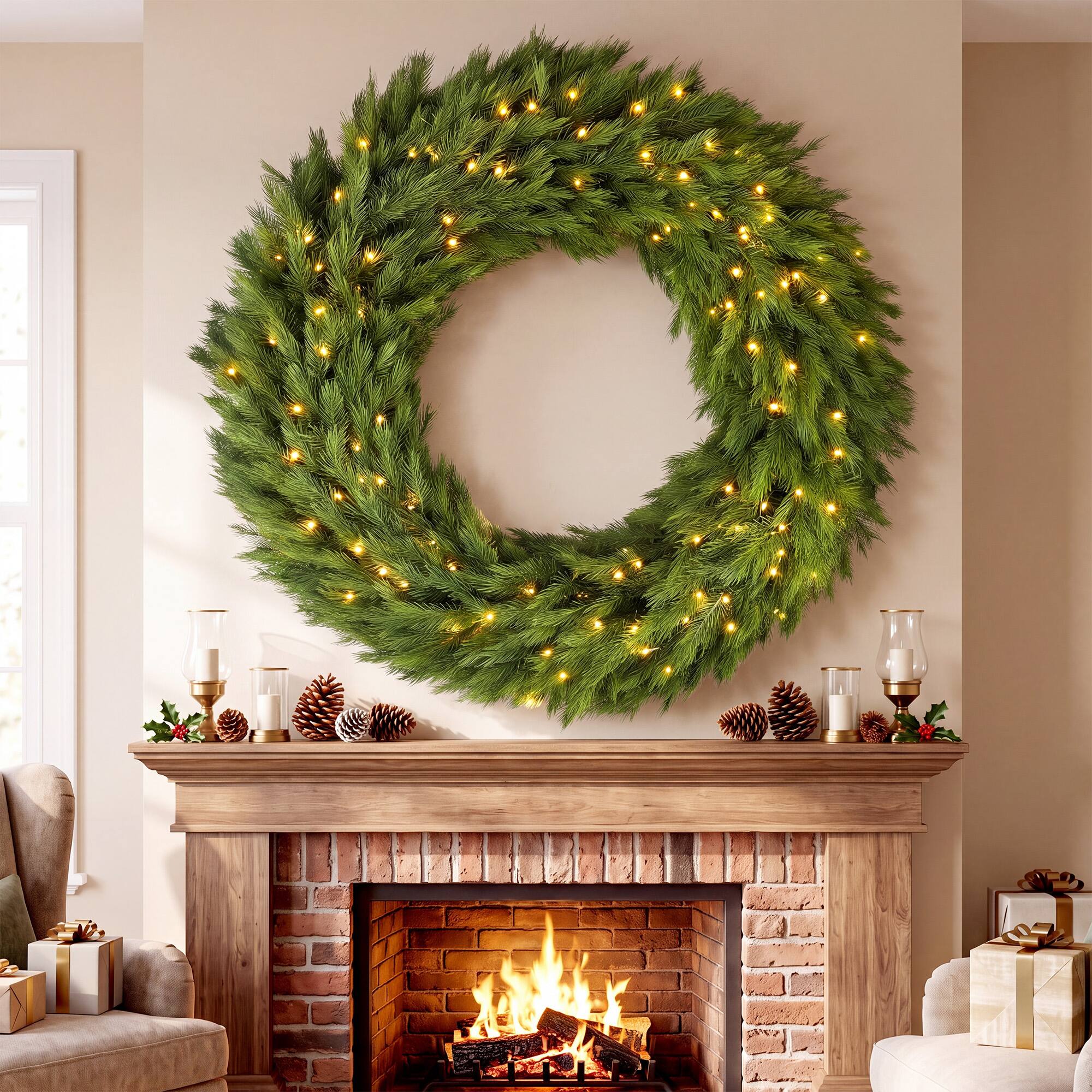 Alt View 1. Homcom - Christmas Decoration, 48 in Pre-Lit Norwegian Spruce Artificial Christmas Wreath with 150 LED Lights - Green.