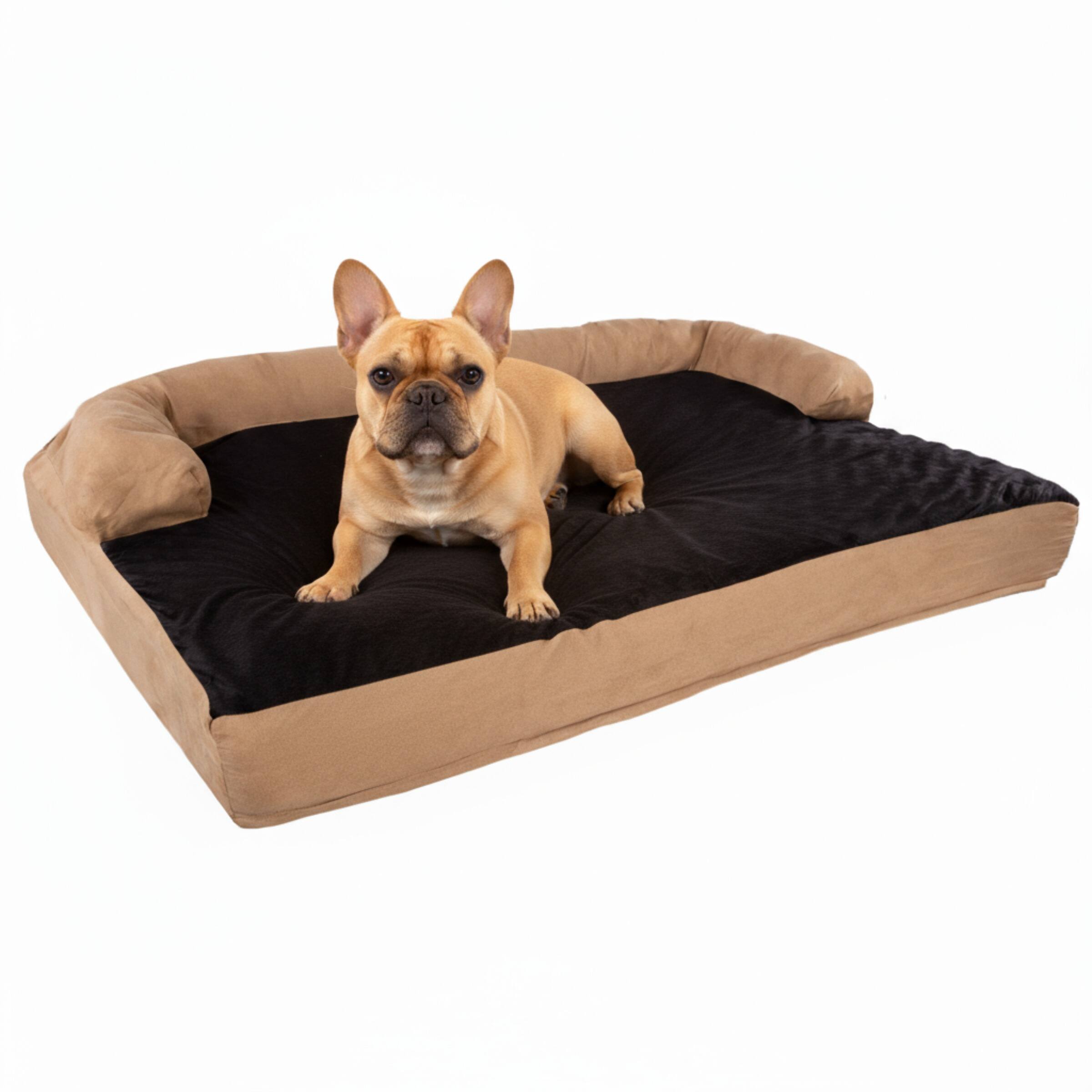 PetMaker - Large Dog Bed 35.5 x 25.5 Pet Bed 3-Layer Orthopedic Dog Sofa with Cooling Gel, Memory Foam and Neck Bolster - Tan and Black