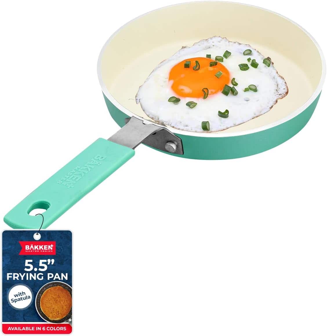 Bakken- Swiss - 2-Piece Mini Pan Set – 5.5’’ Non-Stick Egg Pan + Spatula, Cool Handle, Heat Safe, Finish - Aqua