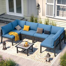 Mondawe - 7-Piece Steel Mesh Patio Seating Set - Blue+Black