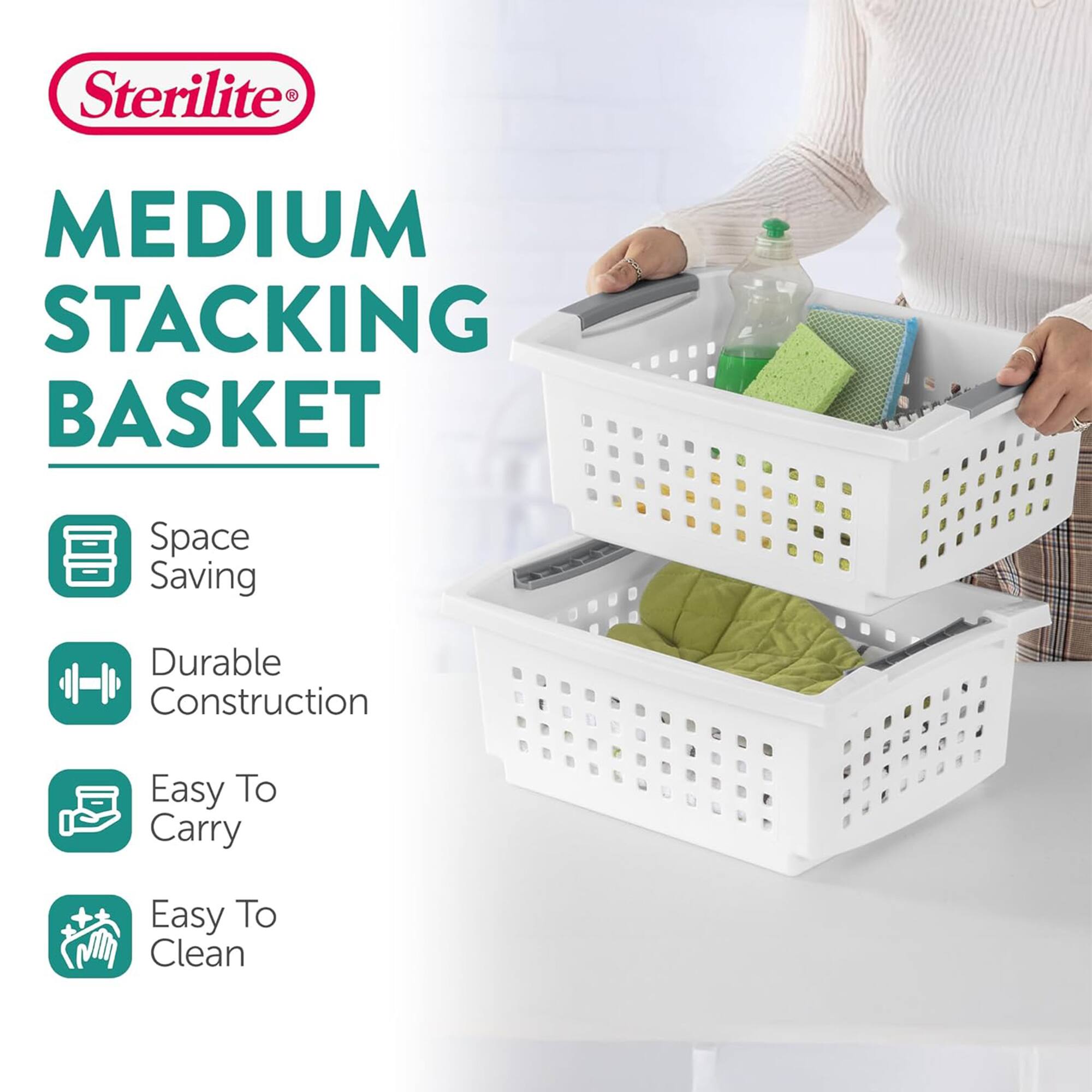 Sterilite MEDIUM STACKING BASKET  
Space Saving  
Durable Construction  
Easy To Carry  
Easy To Clean