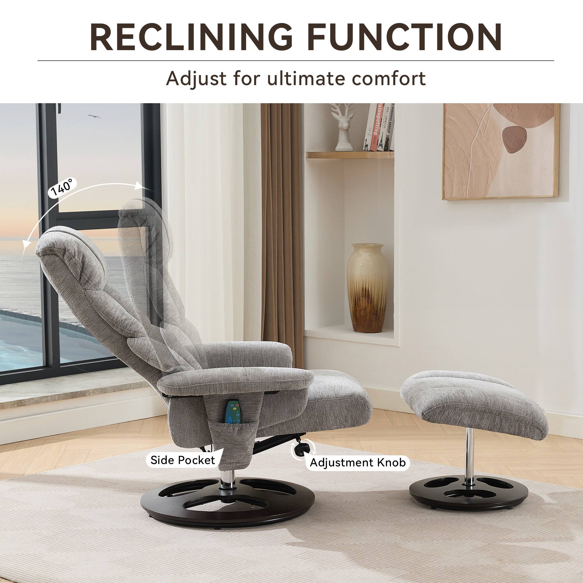 RECLINING FUNCTION  
Adjust for ultimate comfort  

740°  

Side Pocket  
Adjustment Knob