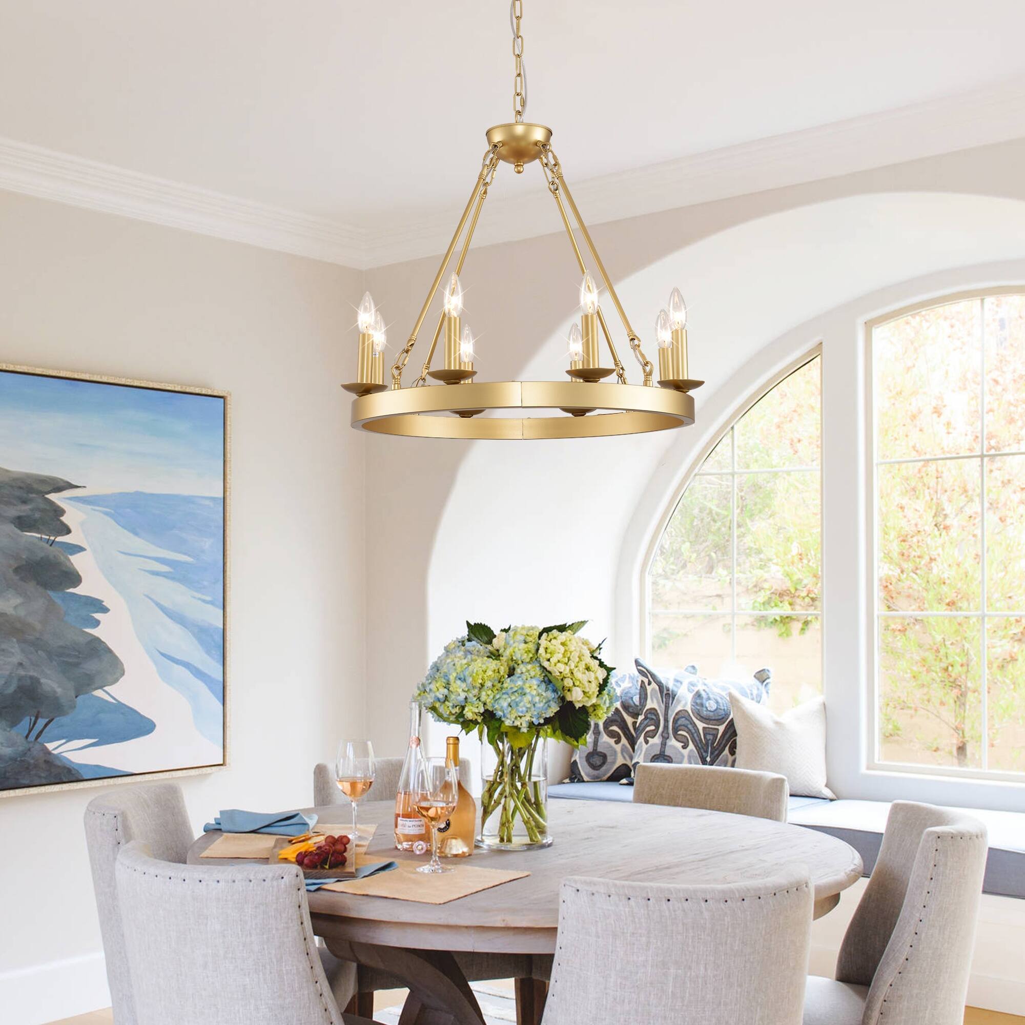 Alt View 2. Boyel Living - Wagon Wheel Chandelier Farmhouse Modern Small Round Chandelier for Living Room Kitchen Island Foyer Hallway.