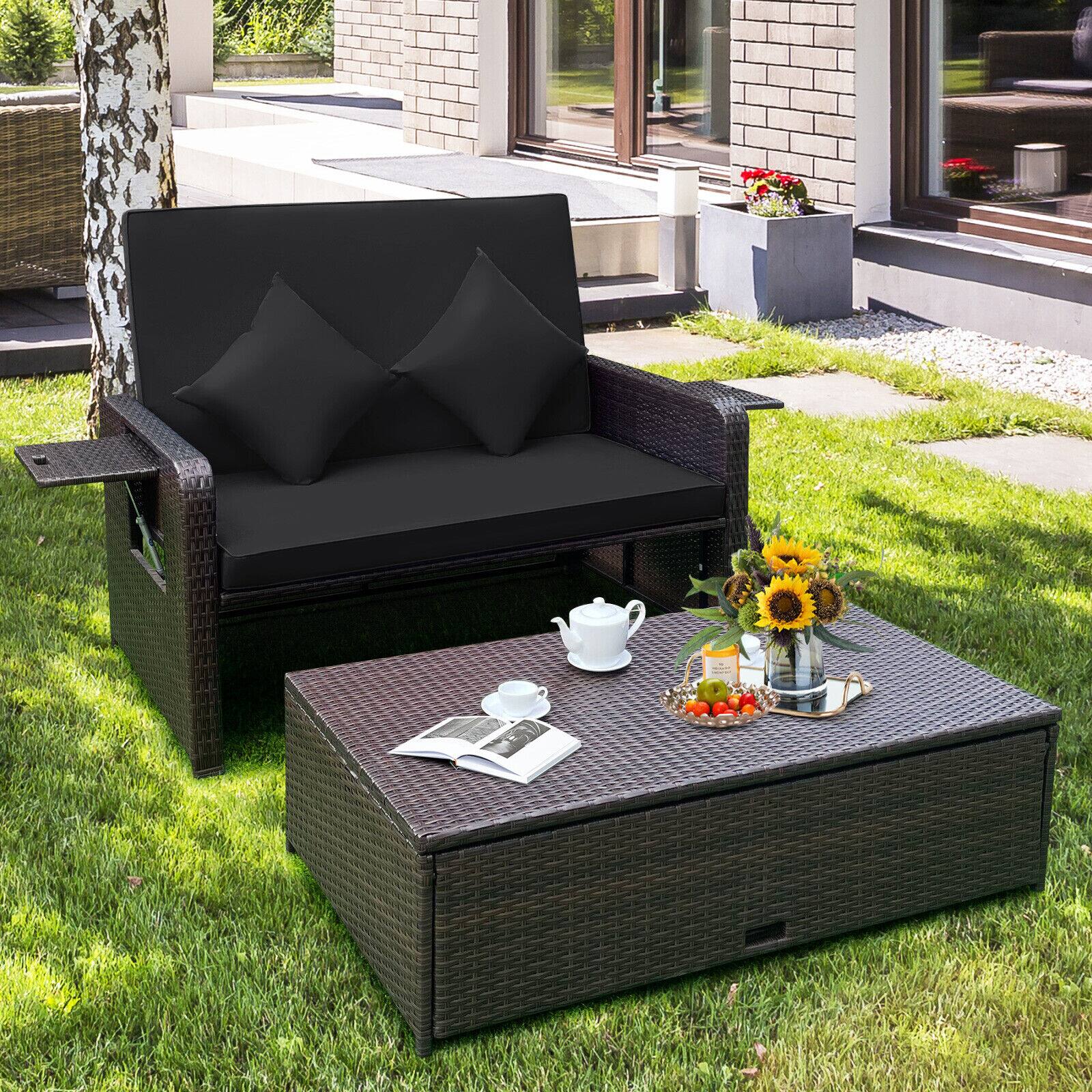 Alt View 1. SlickBlue - Patio Rattan Daybed with 4-Level Adjustable Backrest and Retractable Side Tray - Black.