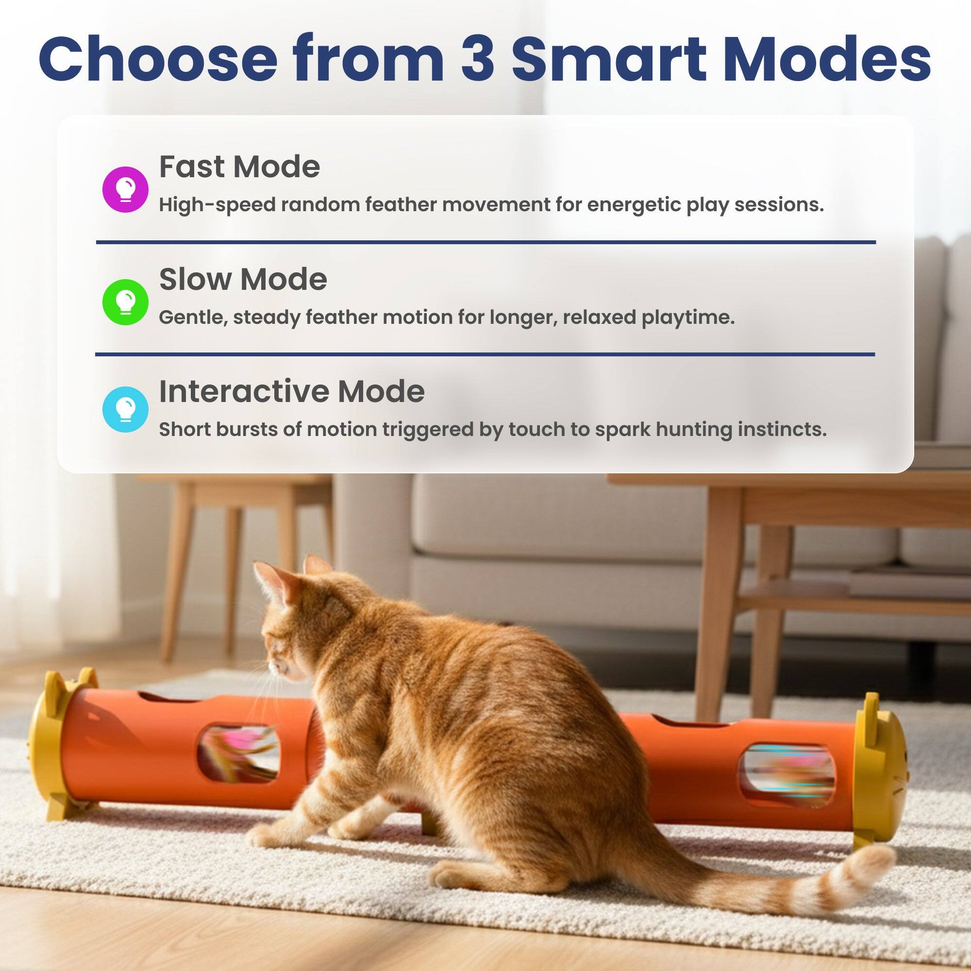 Choose from 3 Smart Modes

Fast Mode
High-speed random feather movement for energetic play sessions.

Slow Mode
Gentle, steady feather motion for longer, relaxed playtime.

Interactive Mode
Short bursts of motion triggered by touch to spark hunting instincts.