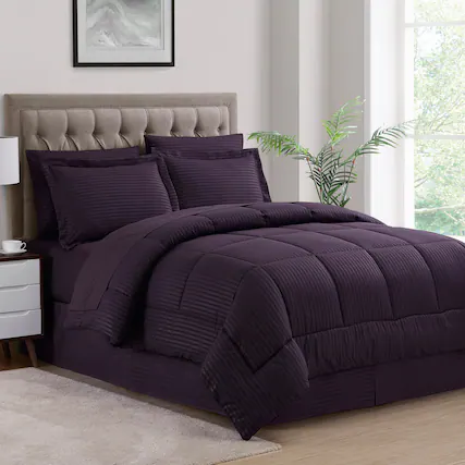 Front. Sweet Home Collection - 8 Piece Embossed Dobby Stripe Bed in a Bag All Season Complete Set with Sheets - Queen - Purple.