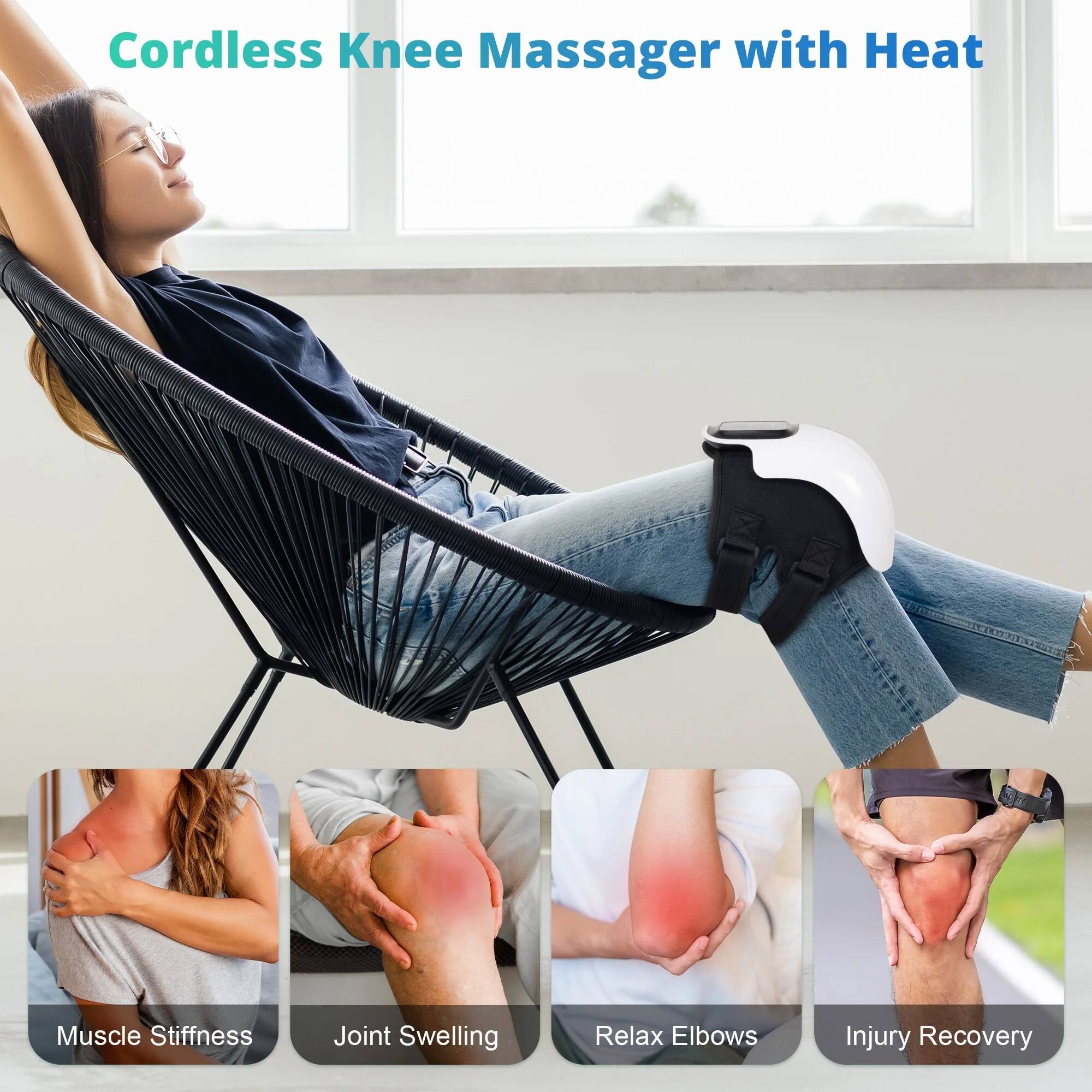 Cordless Knee Massager with Heat

- Muscle Stiffness
- Joint Swelling
- Relax Elbows
- Injury Recovery