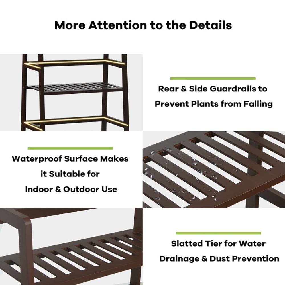 More Attention to the Details

- Rear & Side Guardrails to Prevent Plants from Falling
- Waterproof Surface Makes it Suitable for Indoor & Outdoor Use
- Slatted Tier for Water Drainage & Dust Prevention
