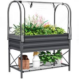 Outsunny - Garden Bed with Legs and Cover, Metal Elevated Planter Box with Bottom Shelf and Liner for Vegetables - Dark Gray