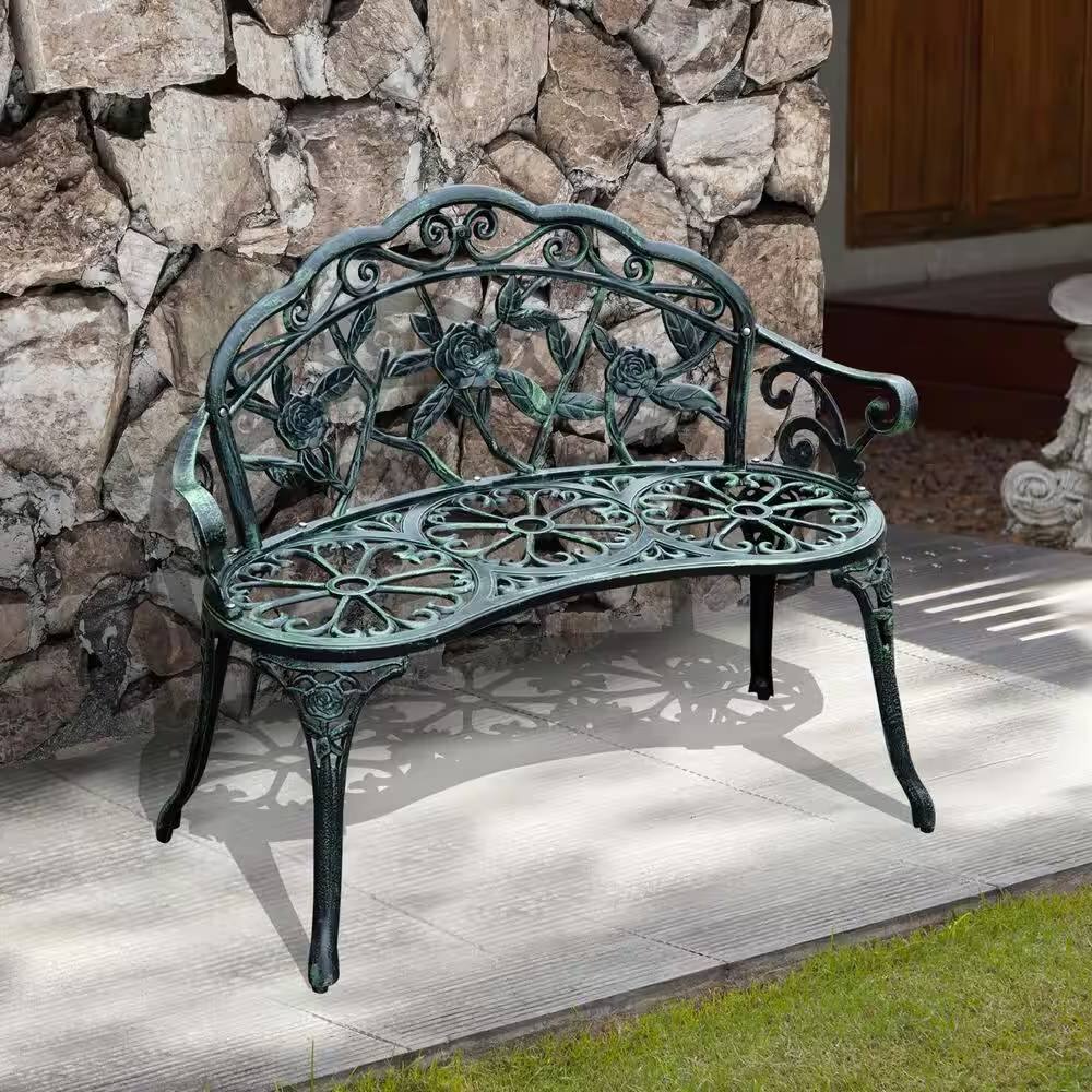 Angle. Hivvago - Outdoor Patio 40-inch Garden Bench with Backrest in Antique Green Metal Finish - GREEN.