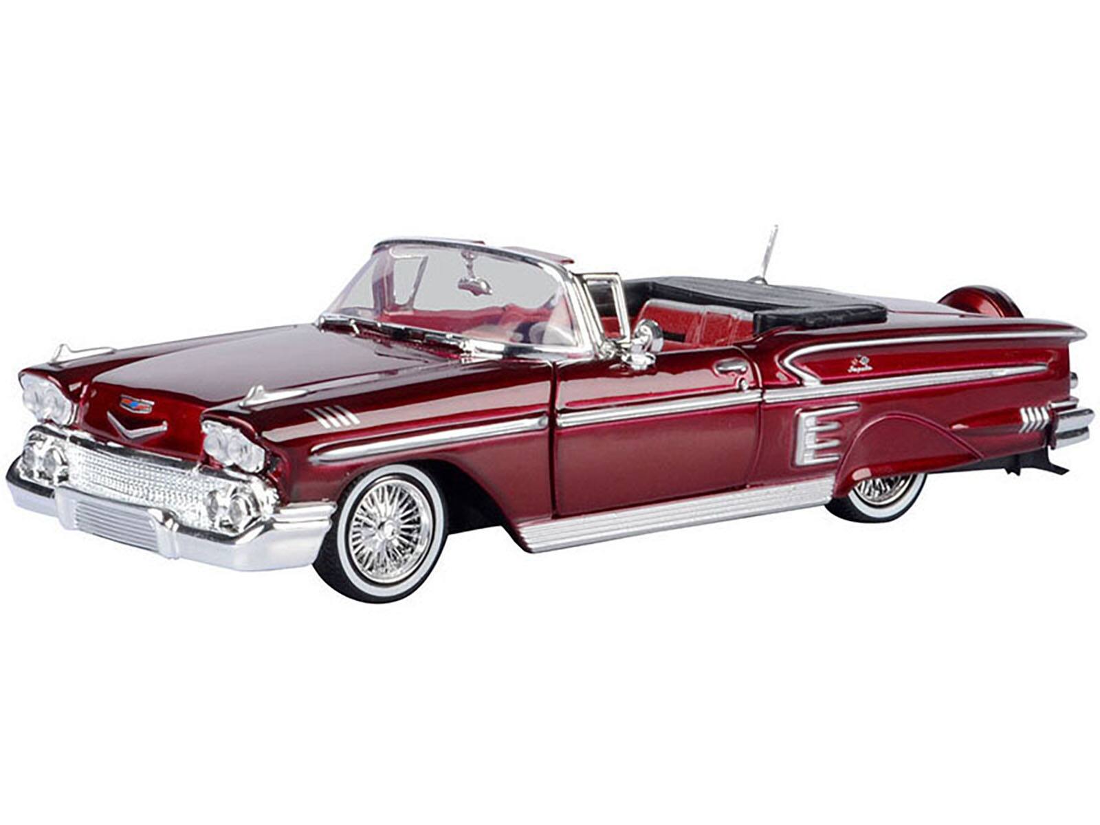 Angle. Motormax - 1958 Chevrolet Impala Convertible Lowrider Dark Red Metallic with Red Interior "Get Low" Series 1/24 - Dark Red Metallic.
